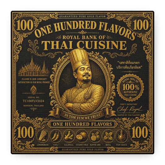 "One Hundred Flavors" Thai Cuisine Canvas Wall Art - Vintage Gold Chef Portrait, Typography Poster Print, Ornate Bangkok Illustration - Restaurant Decor, Dining Room Accent, Cafe Wall Decor
