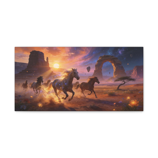 Celestial Wild Horses Canvas Wall Art - Fantasy Desert Arch Sunset, Glowing Galaxy Sky - Matte Cotton Print - Contemporary Landscape Style - Living Room Wall Decor - Bedroom Home Decoration