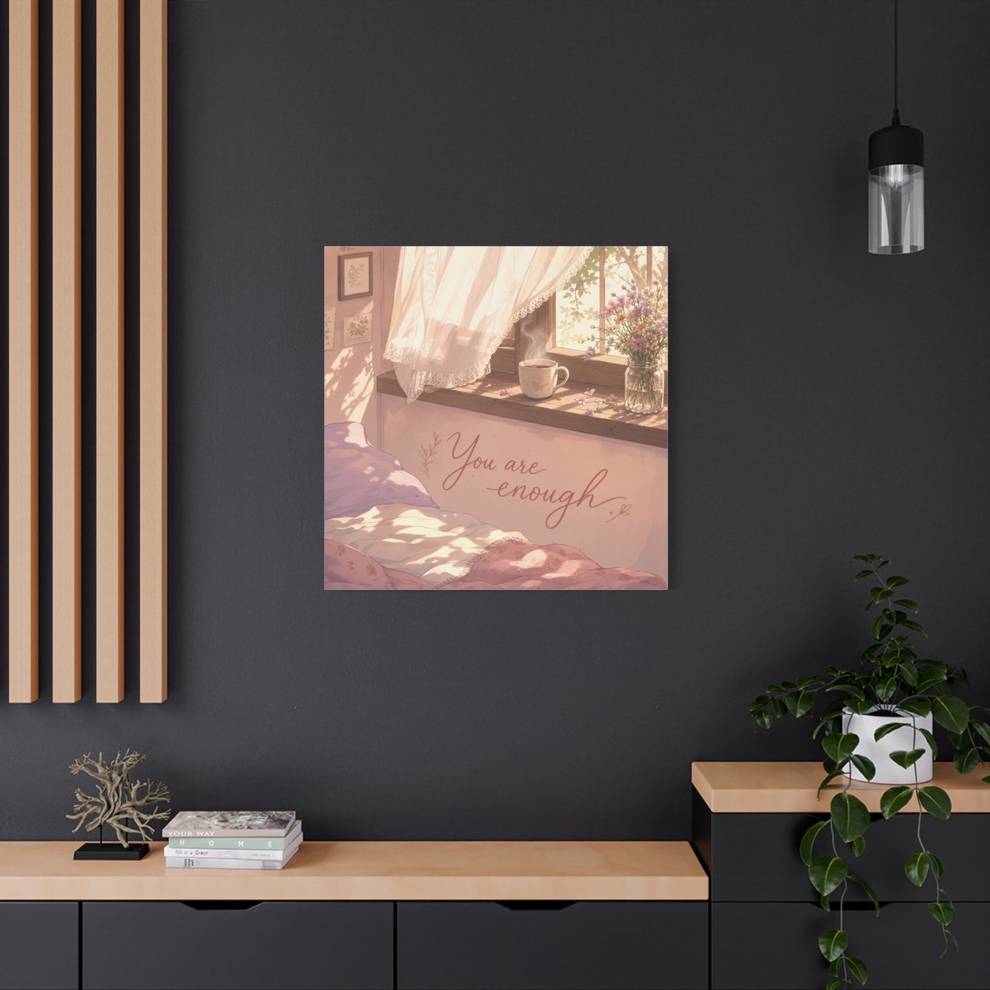 "You Are Enough" Inspirational Canvas Wall Art - Sunlit Bedroom Window Flowers, Cozy Pink Cottagecore Decor - Matte Affirmation Print - Bedroom Home Decoration, Teen Room Accent - Office Wall Art