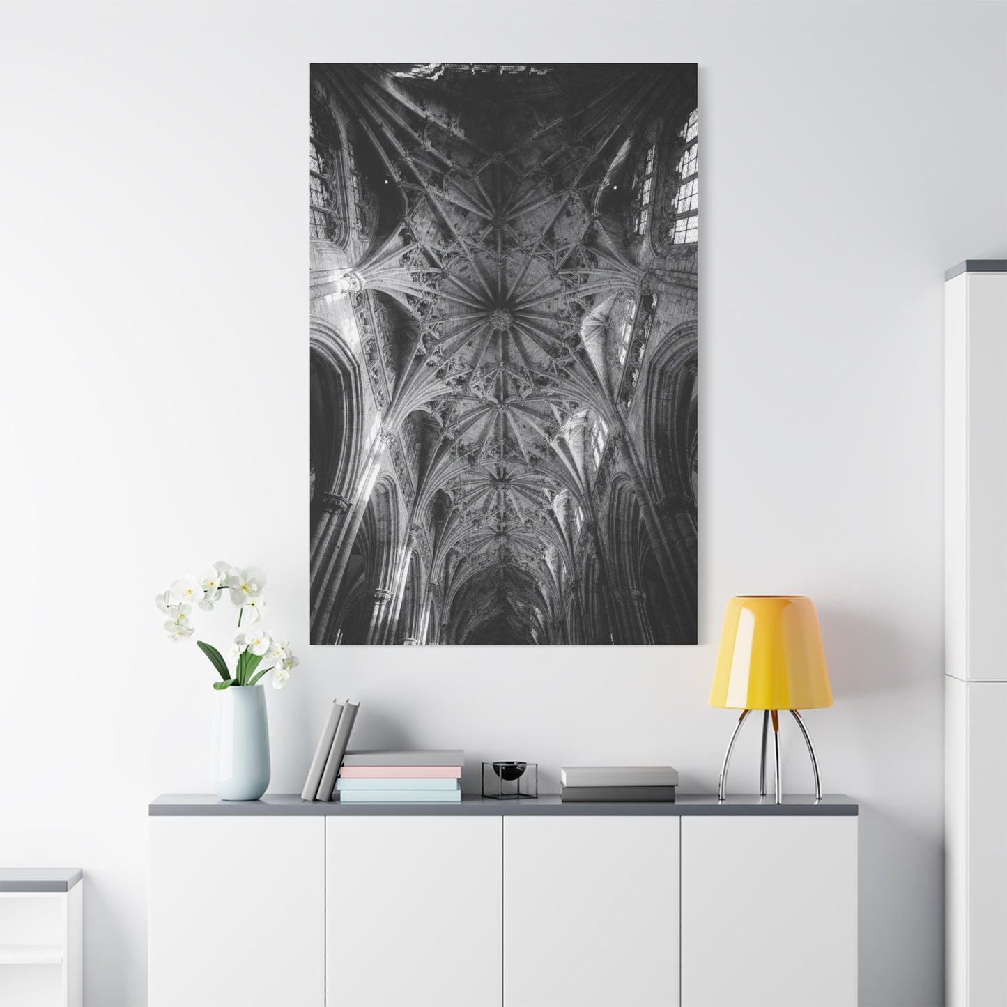 Gothic Cathedral Ceiling Canvas Wall Art - Black And White Architectural Art Print - Vaulted Ribbed Arches, Dramatic Sacred Interior - Modern Living Room Wall Decor - Bedroom Home Decoration