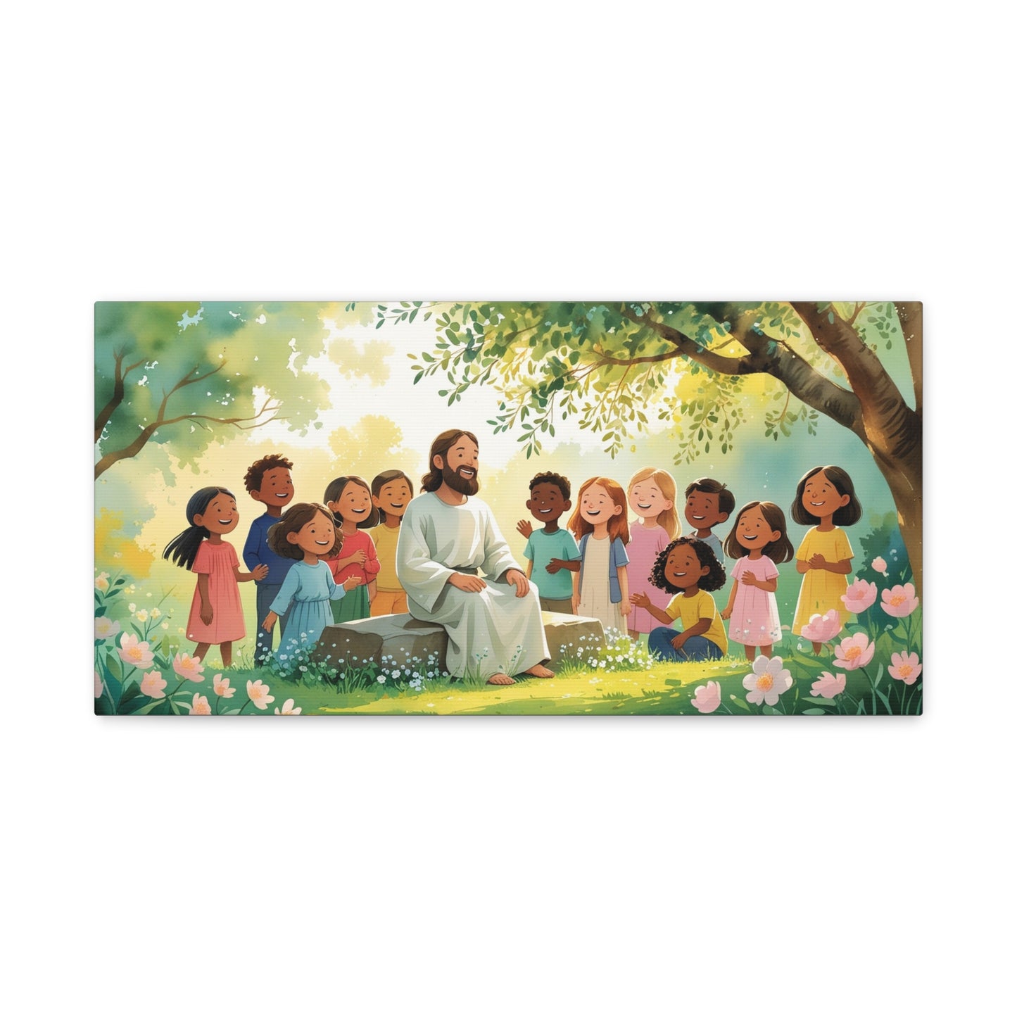Jesus With Children Canvas Wall Art - Sunlit Garden Faith Illustration, Christian Nursery Decor, Matte Cotton Print, Traditional Style - Kids Room, Classroom, Living Room Wall Decor - Ready to Hang