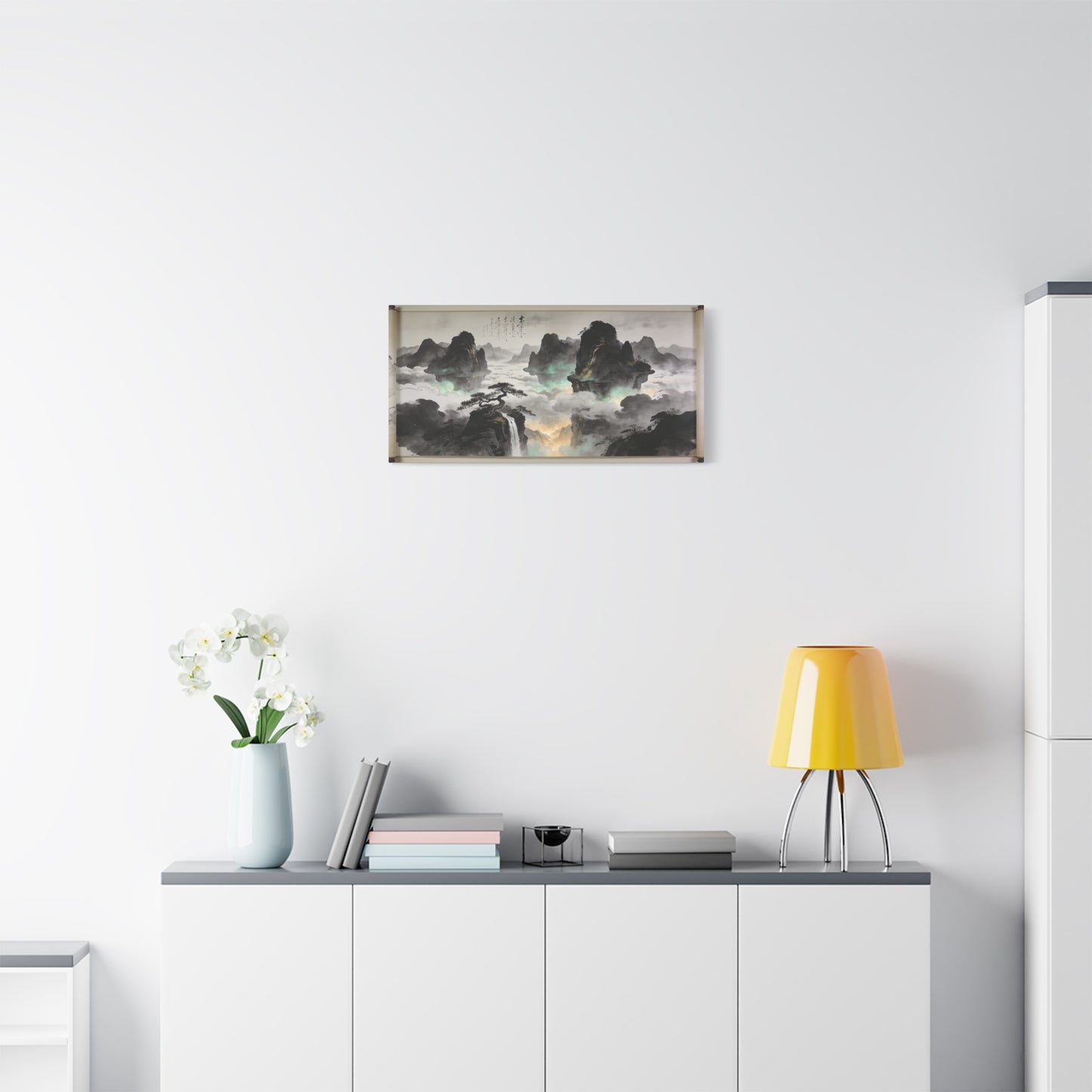 Chinese Ink Landscape Canvas Wall Art - Misty Mountain Scroll Painting, Cloud Sea Waterfall, Calligraphy Detail - Contemporary Zen Style - Living Room Wall Decor, Bedroom Home Accent - Ready to Hang