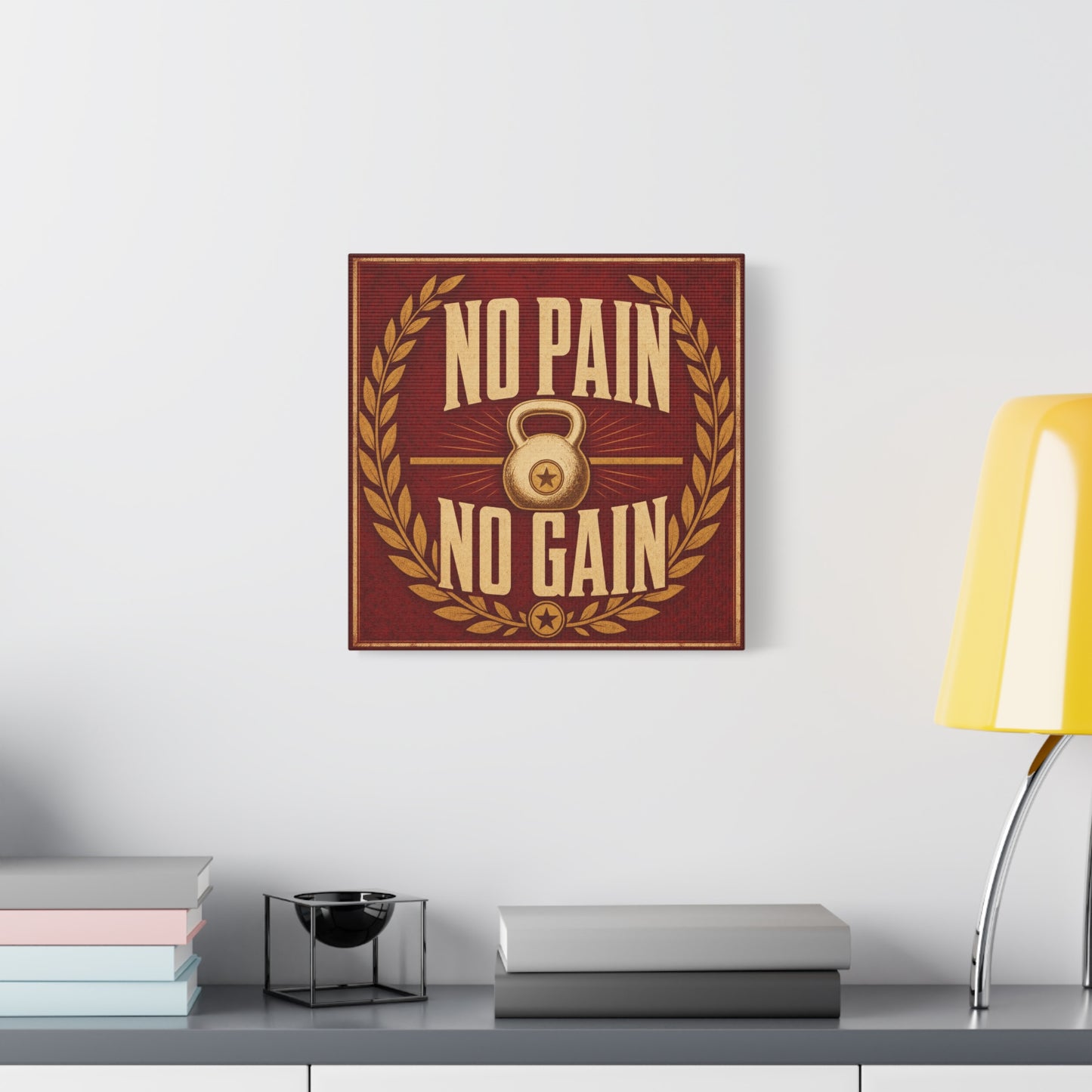 "No Pain No Gain" Kettlebell Canvas Wall Art - Vintage Gym Quote Decor, Rustic Typography Print, Motivational Fitness Poster Style - Room Decoration - Ready to Hang - Gym Wall Decor - HP Latex Print