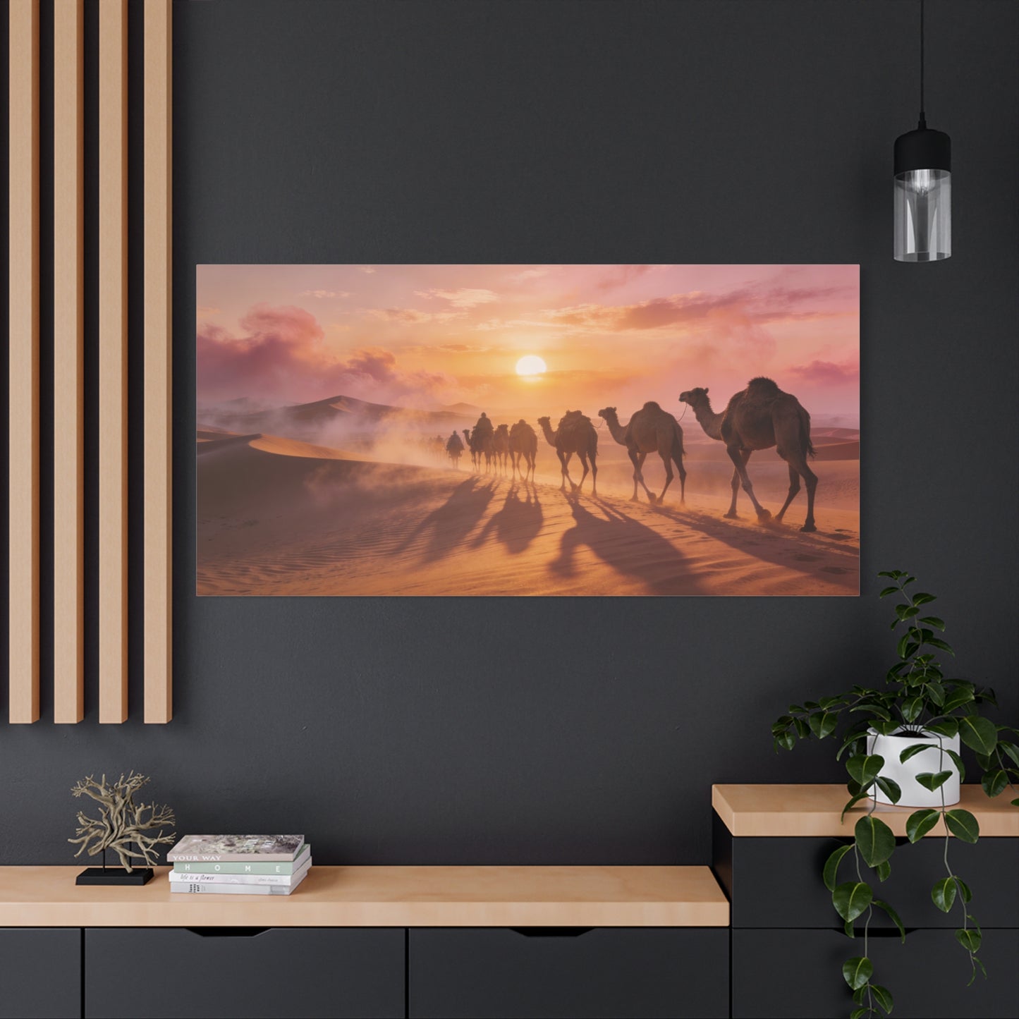 Desert Camel Caravan Canvas Wall Art - Sunset Sand Dunes, Golden Horizon, Matte Finish Canvas Print - Contemporary Landscape Style - Living Room Wall Decor, Bedroom Home Decoration - Ready to Hang