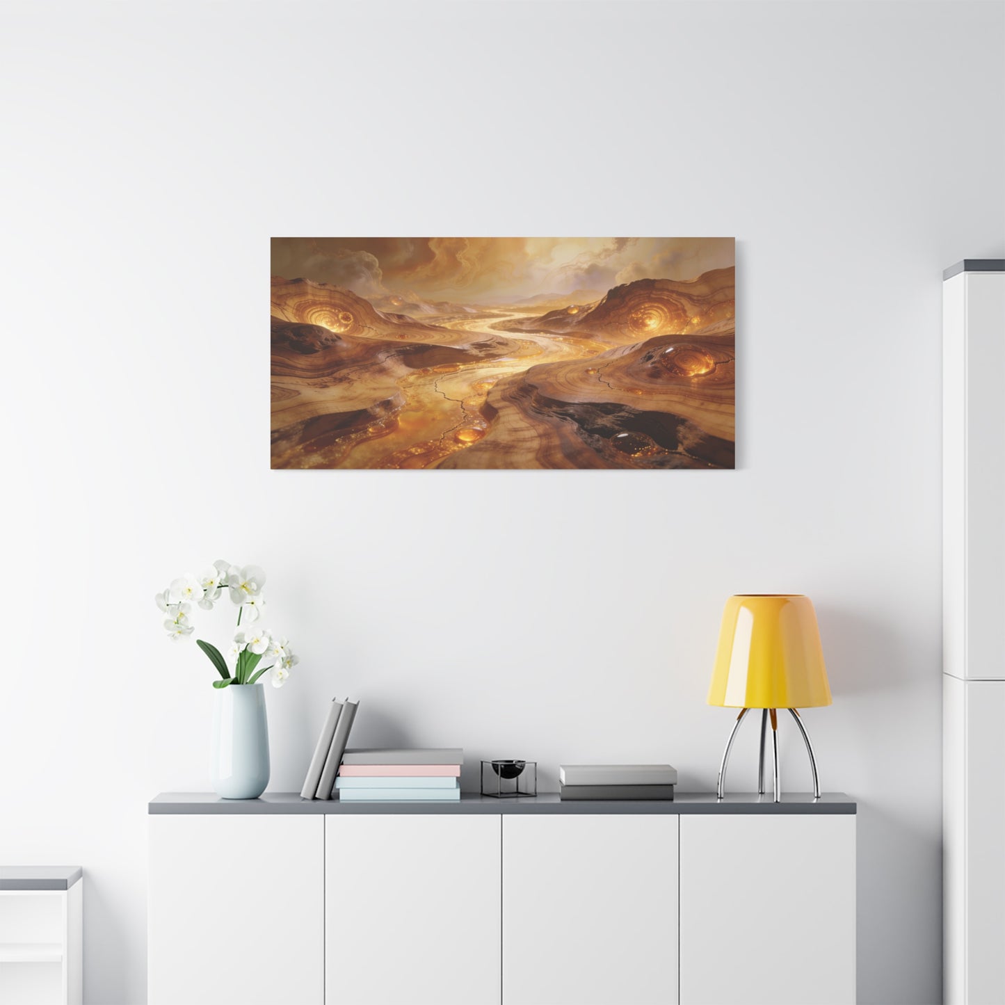 Golden Abstract Landscape Canvas Wall Art - Glowing River, Swirling Stone Forms - Contemporary Matte Canvas Print - Living Room Wall Decor, Bedroom Home Decoration, Office Art - Modern Farmhouse Style