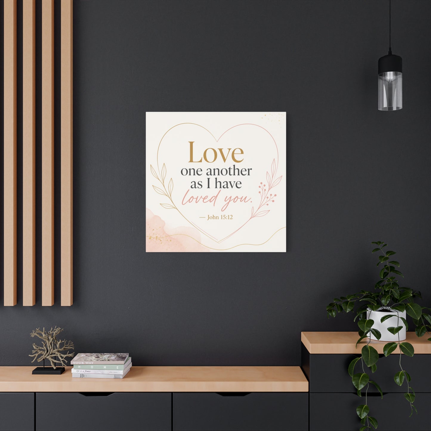 "Love One Another As I Have Loved You. John 15:12" Canvas Wall Art - Christian Scripture Quote, Heart Line Floral Design - Blush Gold Typography - Bedroom Living Room Decor - Living Room Wall Decor