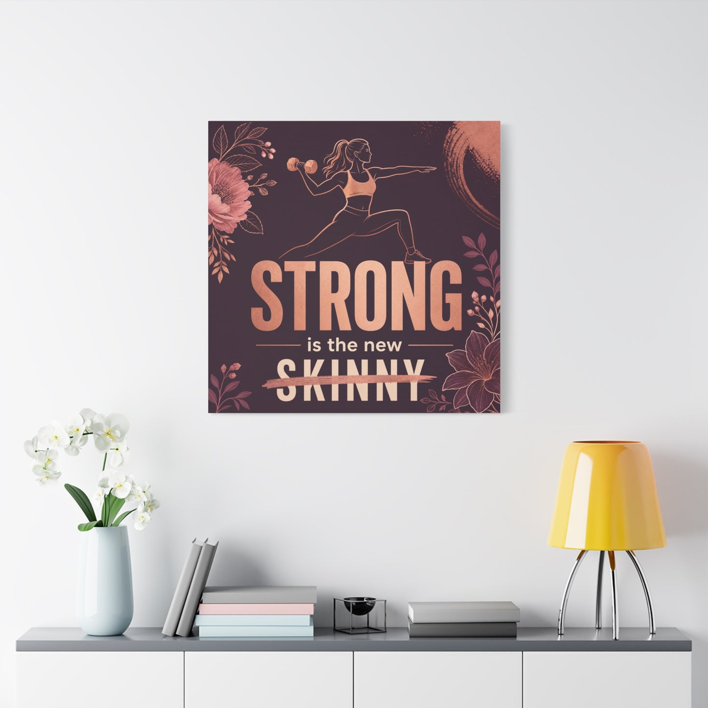 "Strong Is The New Skinny" Fitness Canvas Wall Art - Woman With Dumbbell Floral Quote Print - Rose Gold Motivational Decor - Modern Bedroom Wall Decor - Bedroom Home Decoration - Cozy Reading Nook Art