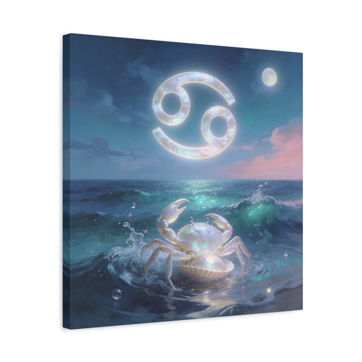 Cancer Zodiac Canvas Wall Art - Moonlit Ocean Crab, Iridescent Shell Symbol - Coastal Celestial Print, Dreamy Blue Seascape - Bedroom Home Decoration, Living Room Wall Decor - Bedroom Home Decoration