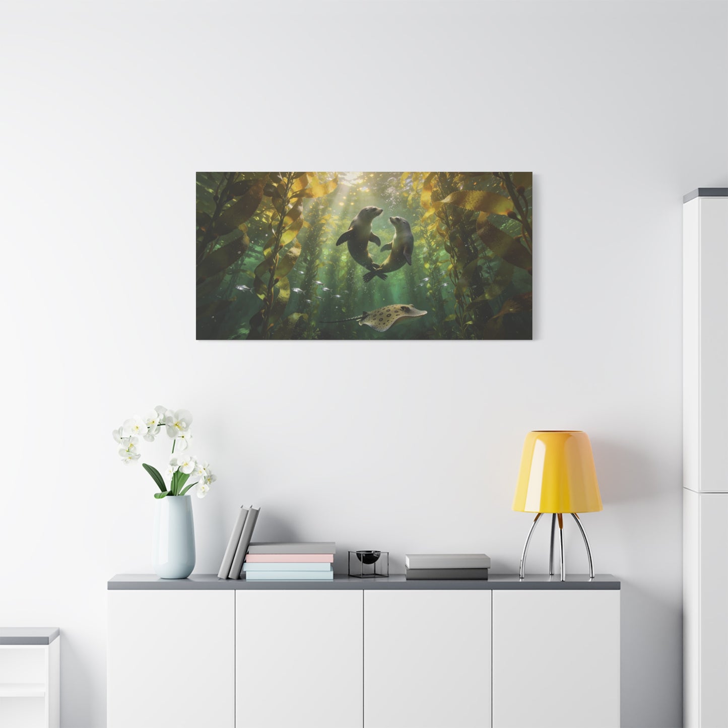Sea Lion Kelp Forest Canvas Wall Art - Underwater Ocean Wildlife Print, Sunbeam Marine Scene, Matte Cotton Decor - Coastal Style Living Room Wall Decor, Bedroom Home Decoration - Cozy Reading Nook Art