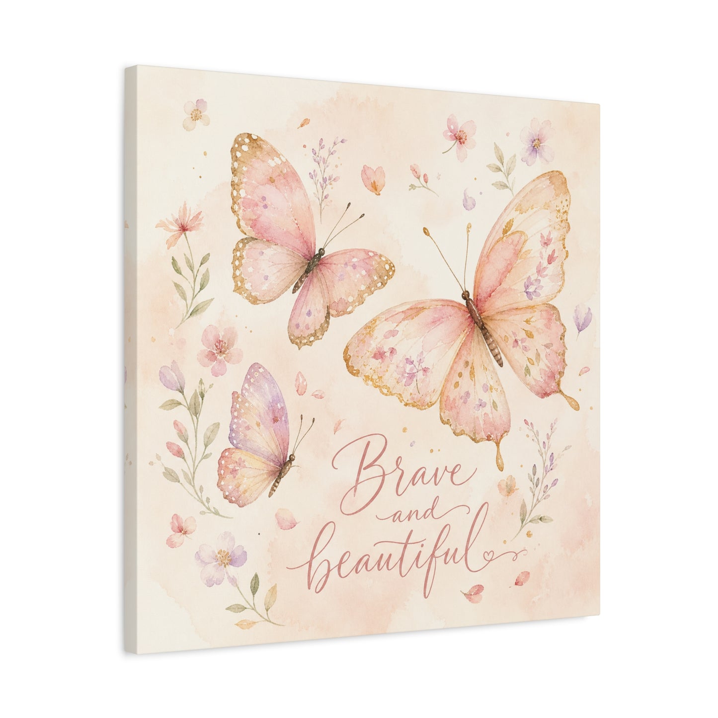 "Brave And Beautiful" Butterfly Canvas Wall Art - Pink Floral Watercolor Quote Print - Inspirational Girls Bedroom Decor - Nursery Wall Hanging - Bedroom Home Decoration - Modern Farmhouse Style