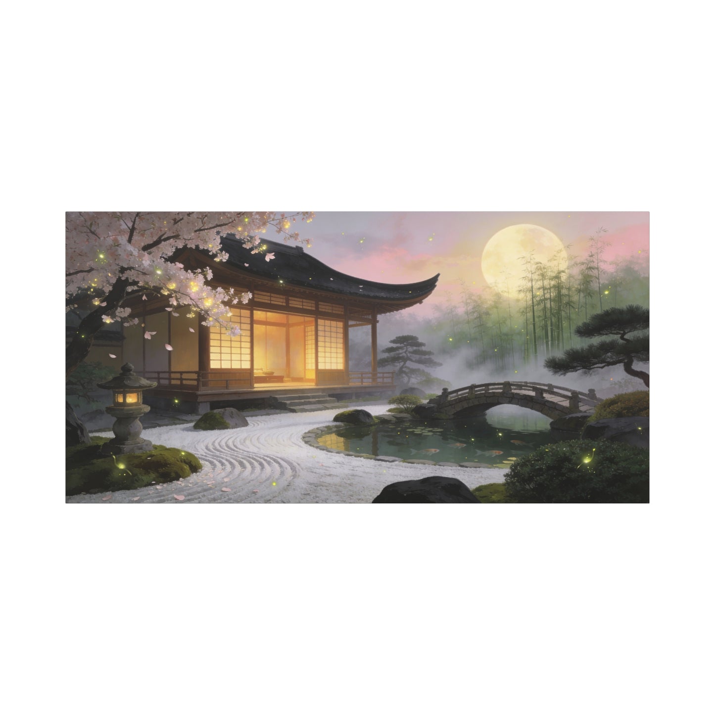 Japanese Zen Garden Canvas Wall Art - Moonlit Temple, Cherry Blossoms, Bamboo Mist - Serene Landscape Canvas Print - Traditional Style, Bedroom Wall Decor, Meditation Space - Bedroom Home Decoration