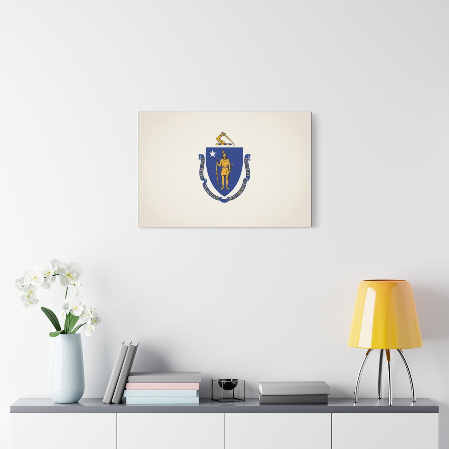 Massachusetts State Flag Canvas Wall Art - Ense Petit Placidam Sub Libertate Quietem - Blue Shield Native American Crest - Minimalist Patriotic Decor - Living Room Wall Decor - Bedroom Home Decoration