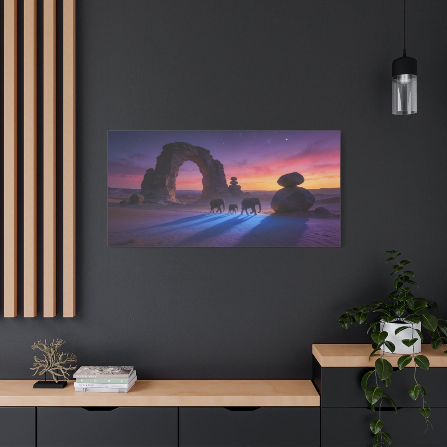 Desert Elephant Canvas Wall Art - Rock Arch Sunset Landscape, Surreal Starry Sky - Matte Cotton Art Print - Contemporary Style, Living Room Wall Decor, Bedroom Home Decoration - Modern Farmhouse Style