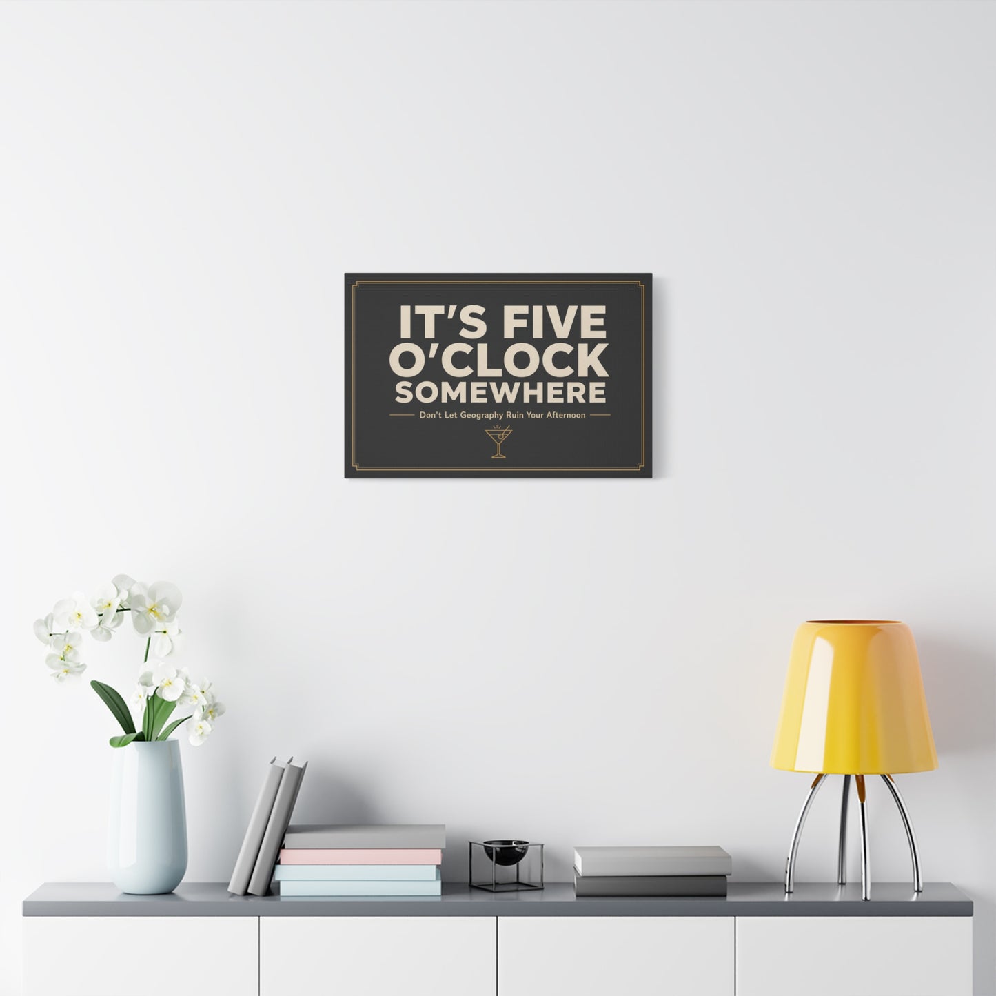 "It's Five O'Clock Somewhere" Typography Canvas Wall Art - Funny Cocktail Quote Decor, Black And Gold Minimalist Bar Cart Lounge Accent - Ready to Hang - Pub Wall Art - Cocktail Lounge Decor
