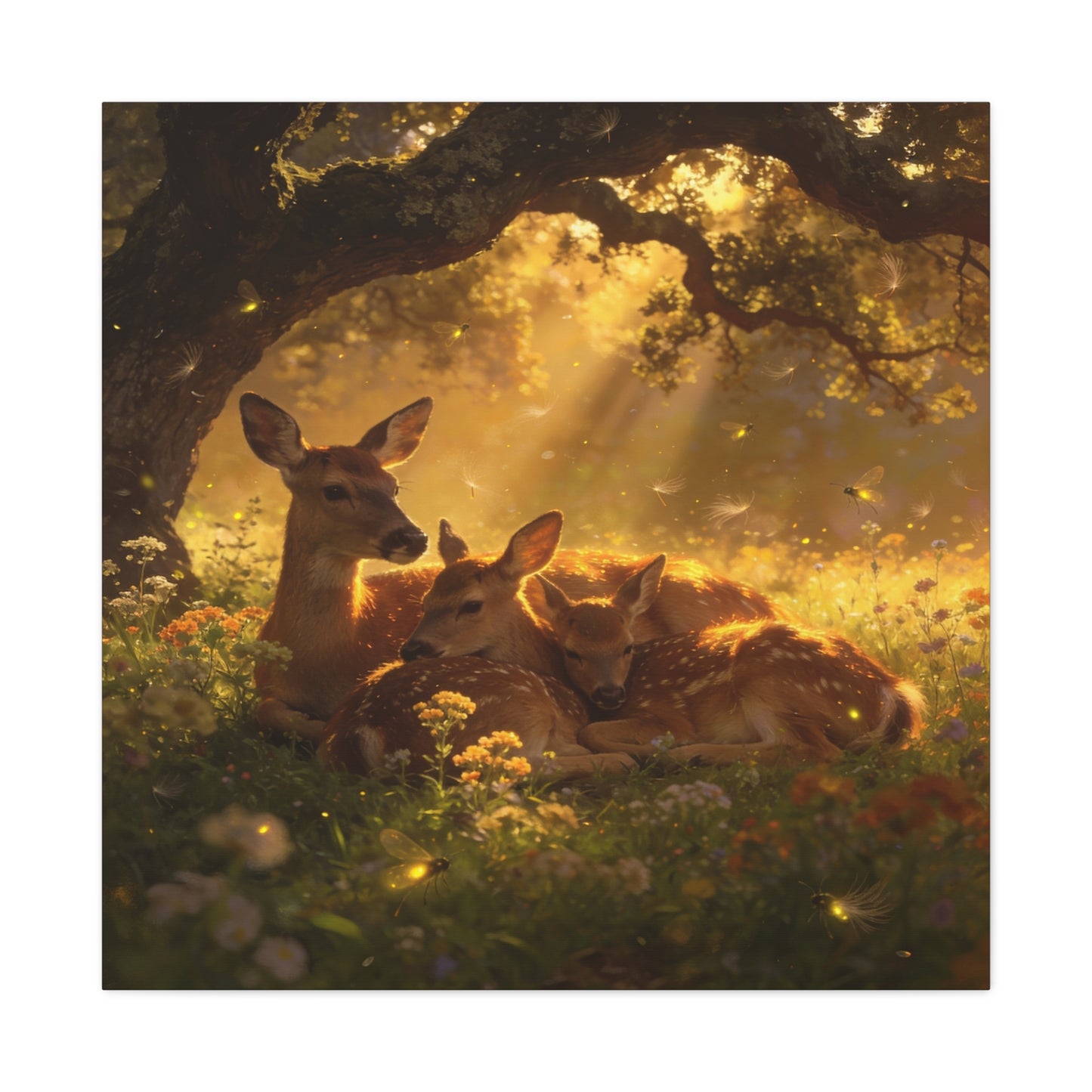 Doe And Fawns Canvas Wall Art - Woodland Deer Family In Golden Light, Whimsical Nature Scene - Matte Finish Cotton Print - Rustic Traditional Style - Bedroom Wall Decor - Bedroom Home Decoration