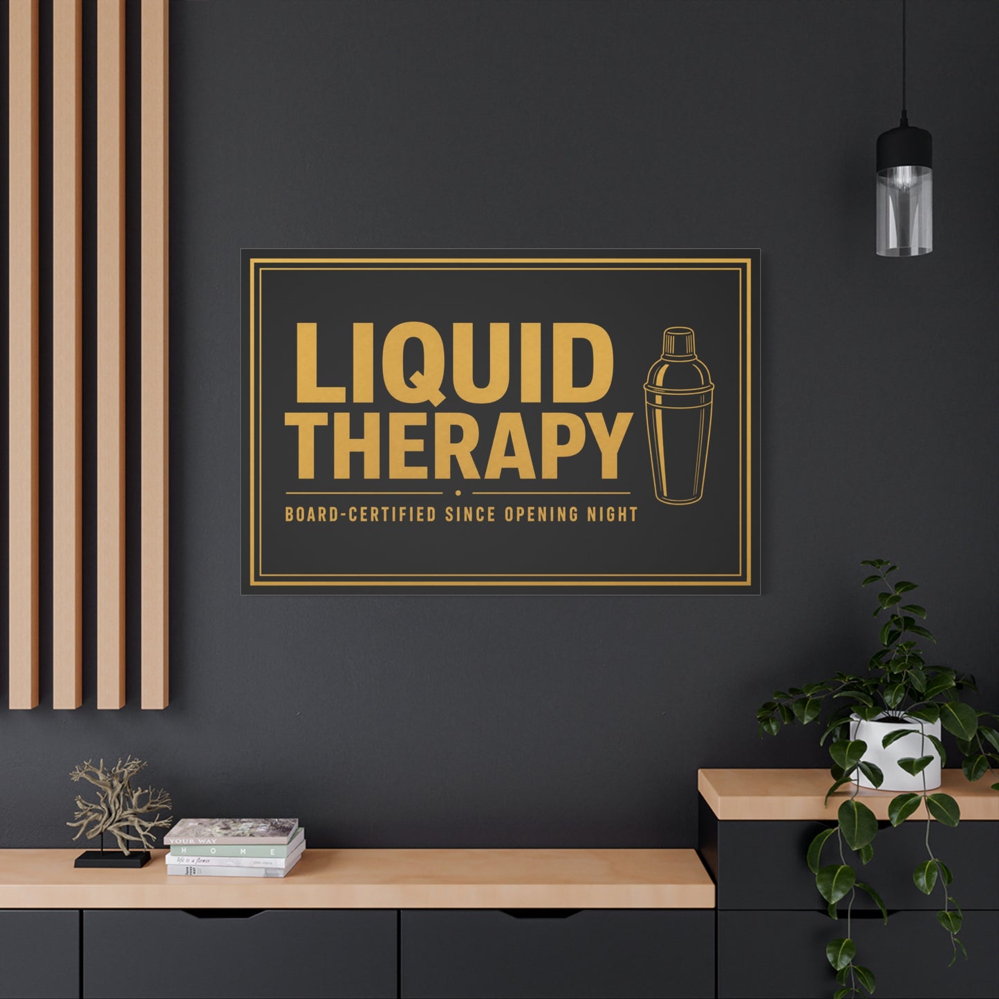 "Liquid Therapy" Cocktail Canvas Wall Art - Board-Certified Since Opening Night Bar Quote Print, Black And Gold Typography, Modern Lounge Decor - Pub Wall Art - Cocktail Lounge Decor - Ready to Hang
