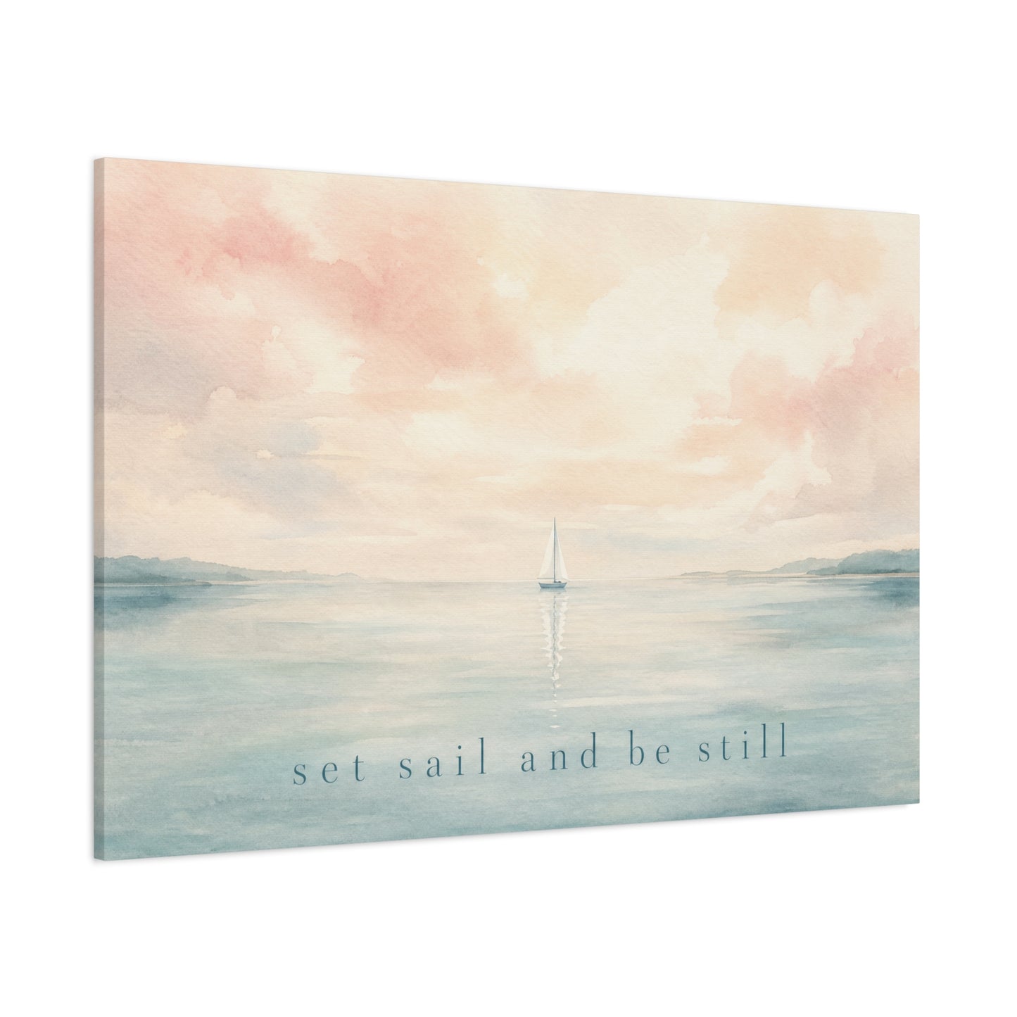 "Set Sail And Be Still" Sailboat Canvas Wall Art - Coastal Seascape Quote Print, Soft Pastel Watercolor, Serene Bedroom Decor, Living Room Wall Decor, Meditation Space Home Accent - Ready to Hang