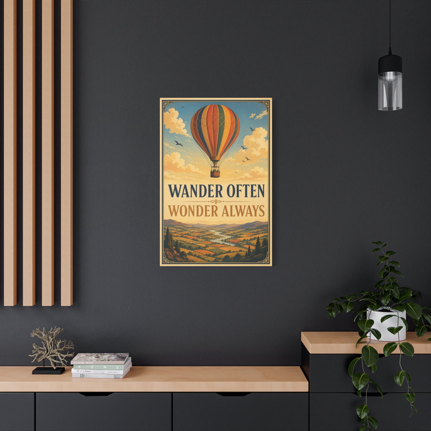 "Wander Often Wonder Always" Hot Air Balloon Canvas Wall Art - Vintage Travel Landscape Quote Print, Retro Sky Poster Style, Living Room Wall Decor - Ready to Hang - Bedroom Home Decoration
