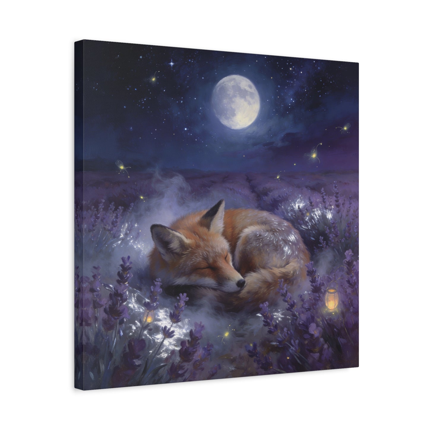 Sleeping Red Fox Canvas Wall Art - Moonlit Lavender Field, Fireflies, Starry Night Sky - Dreamy Woodland Animal Print - Matte Finish Canvas - Bedroom Wall Decor, Nursery Accent - Cozy Reading Nook Art