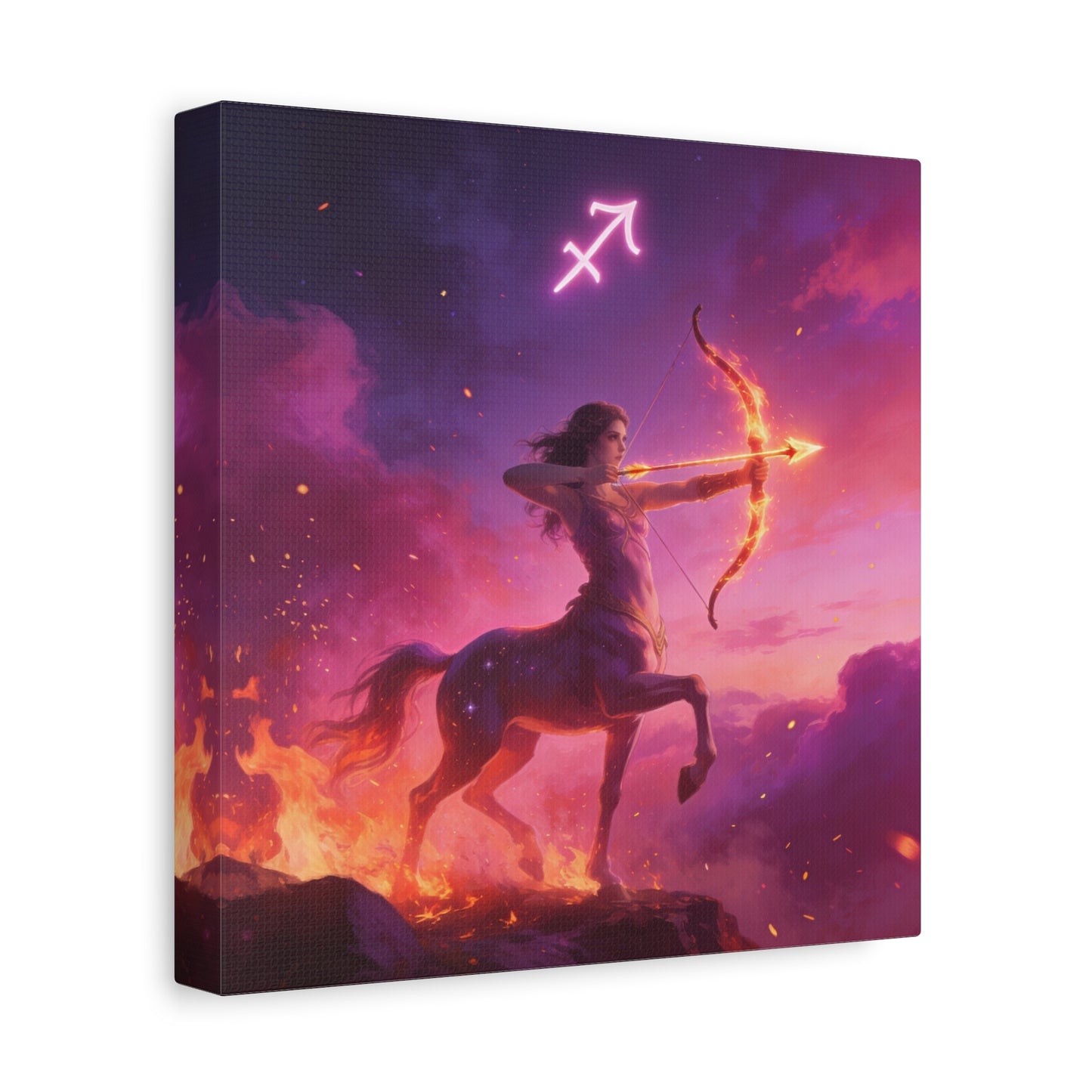 Sagittarius Centaur Archer Canvas Wall Art - Zodiac Fantasy Fire Bow Illustration - Purple Pink Matte Canvas Print - Bedroom Home Decoration, Living Room Wall Decor, Celestial Decor - Ready to Hang