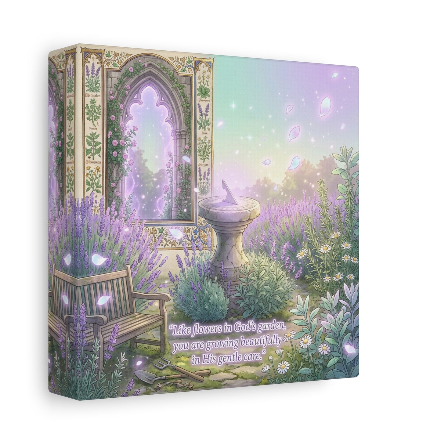 "Like Flowers In God's Garden, You Are Growing Beautifully In His Gentle Care" Canvas Wall Art - Lavender Garden Arch, Sundial Bench - Pastel Botanical Decor For Bedroom Living Room - Office Wall Art