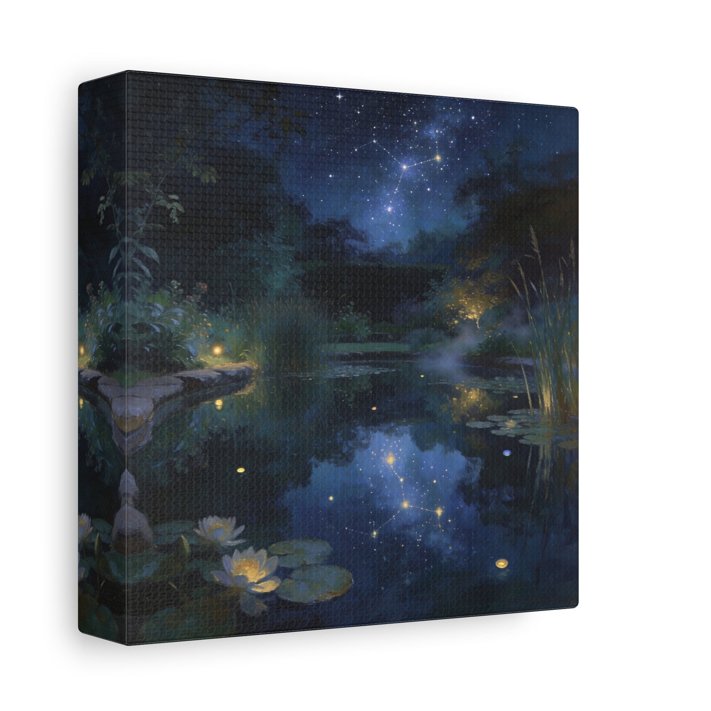 Starry Night Pond Canvas Wall Art - Moonlit Water Lilies, Celestial Reflection Landscape - Dreamy Matte Canvas Print - Traditional Nightscape Style - Living Room Wall Decor Bedroom Home Accent