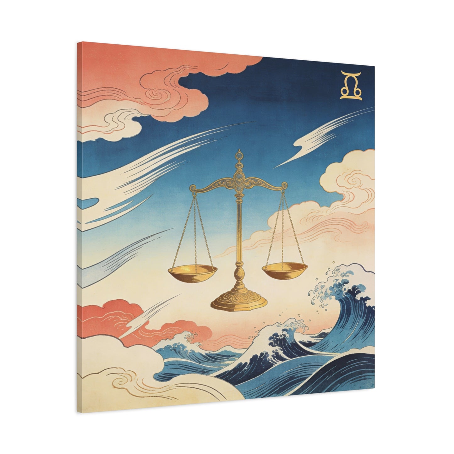 Libra Zodiac Canvas Wall Decor - Vintage Japanese Wave Scales Illustration - Celestial Astrology Print, Gold Balance Symbol, Traditional Style, Bedroom Home Decoration - Living Room Wall Decor