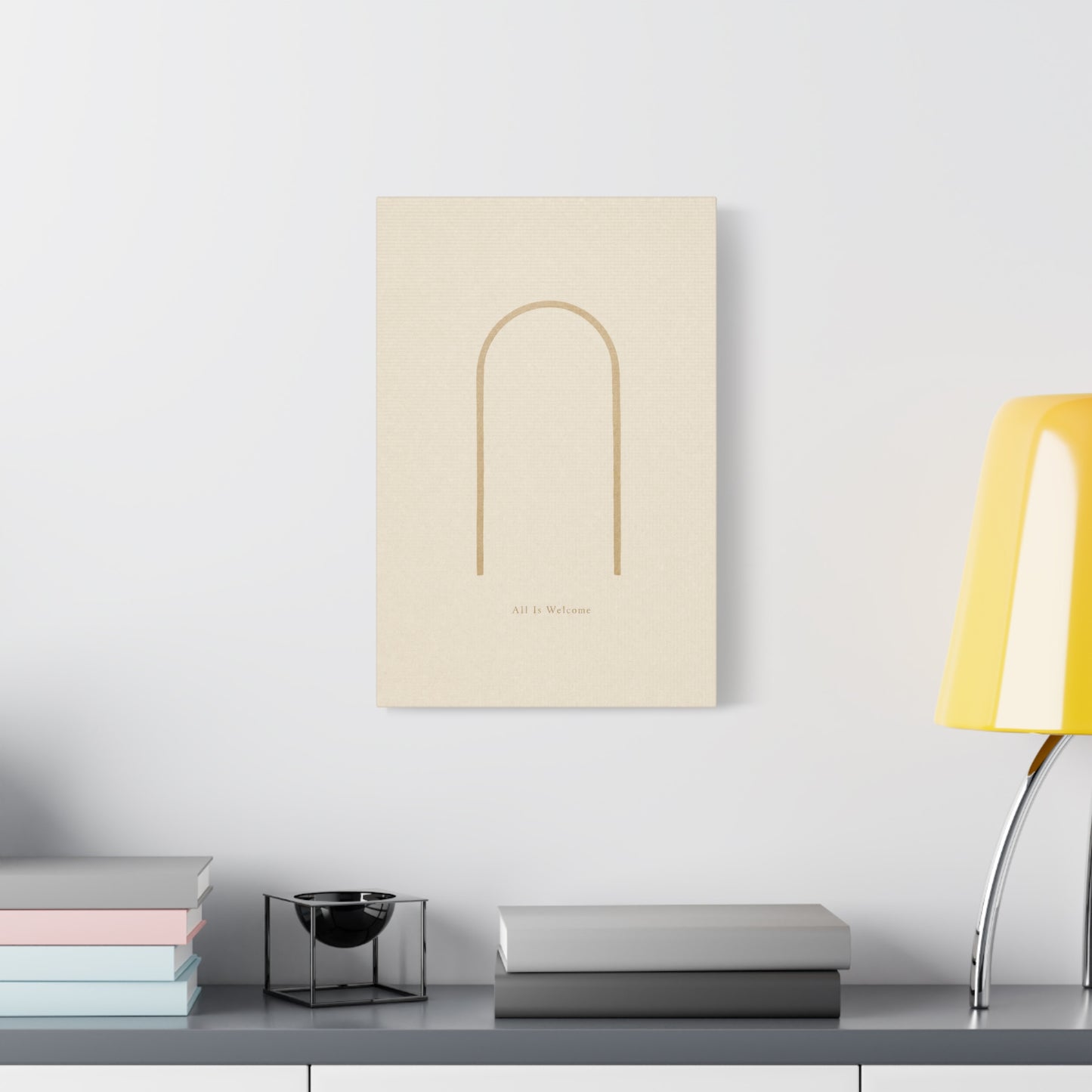 "All Is Welcome" Minimalist Arch Canvas Wall Art - Neutral Beige Line Print, Contemporary Typography Decor - Calming Bedroom Home Decoration, Living Room Wall Decor - Ready to Hang - Ready to Hang