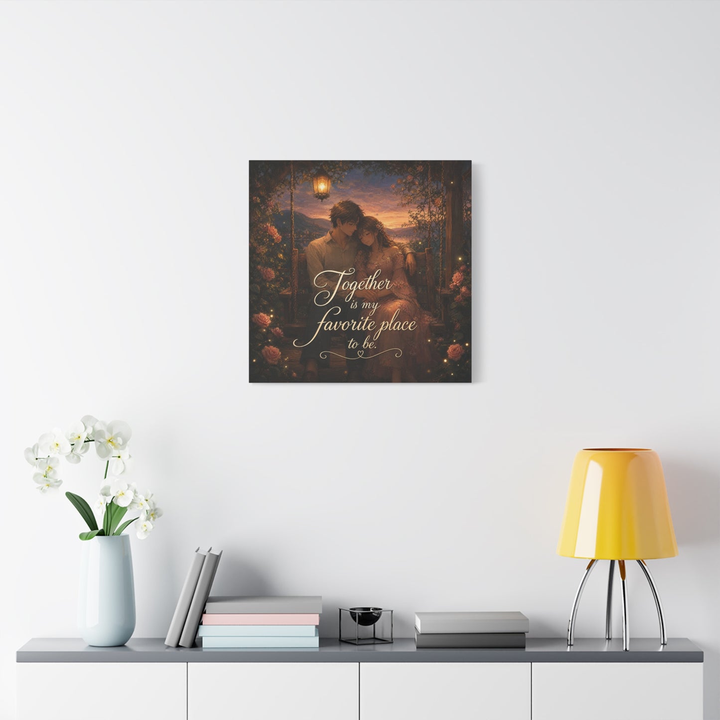 "Together Is My Favorite Place To Be" Romantic Couple Canvas Wall Art - Lantern Swing Sunset Lake Scene, Floral Garden Love Quote Print - Vintage Bedroom Decor - Office Wall Art - Ready to Hang