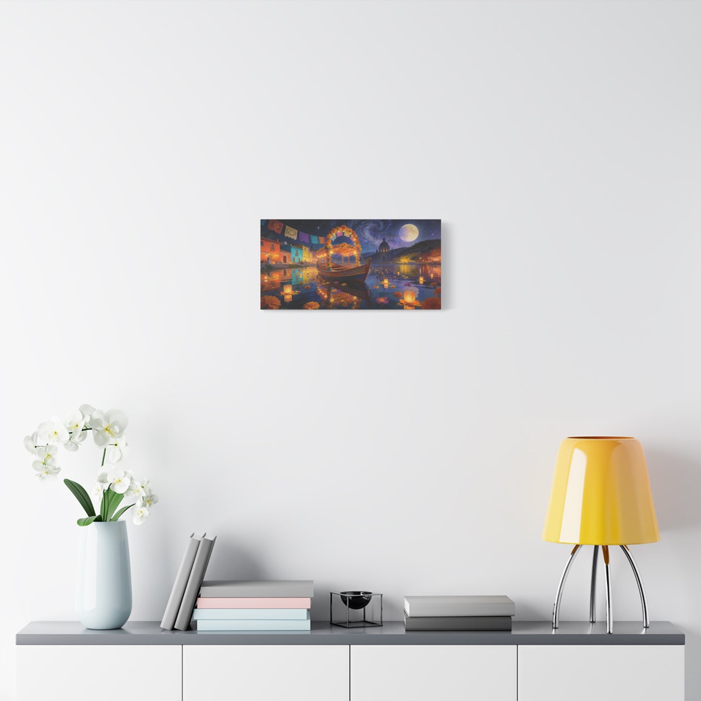 Moonlit Marigold Boat Canvas Wall Art - Colorful Festival Lake Scene, Full Moon Night Sky - Matte Cotton Art Print - Bohemian Living Room Wall Decor, Bedroom Home Decoration - Bedroom Home Decoration