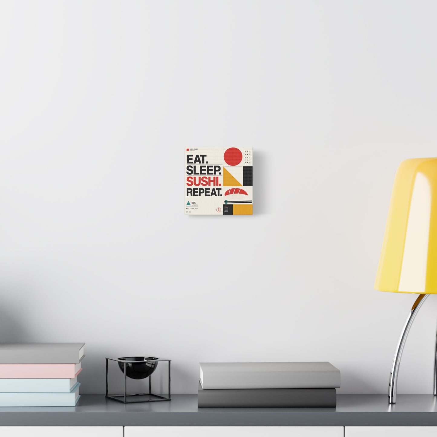 "Eat. Sleep. Sushi. Repeat." Sushi Canvas Wall Art - Japanese Typography Print, Geometric Food Poster Design - Modern Minimalist Cotton Canvas - Cafe Decor, Kitchen Accent, Dining Room Artwork