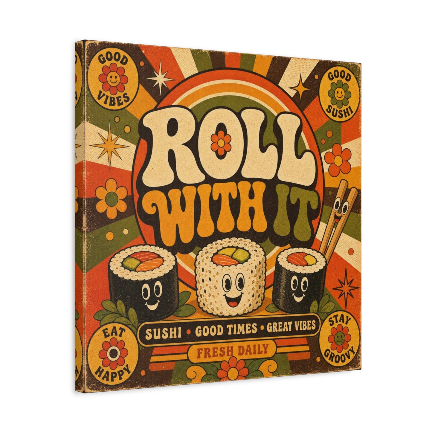 "Roll With It" Sushi Canvas Wall Art - Retro Typography Food Illustration, Groovy Orange Green Bohemian Print, Cafe Wall Decor, Kitchen Room Decoration, Vintage Poster Style - Bedroom Home Decoration