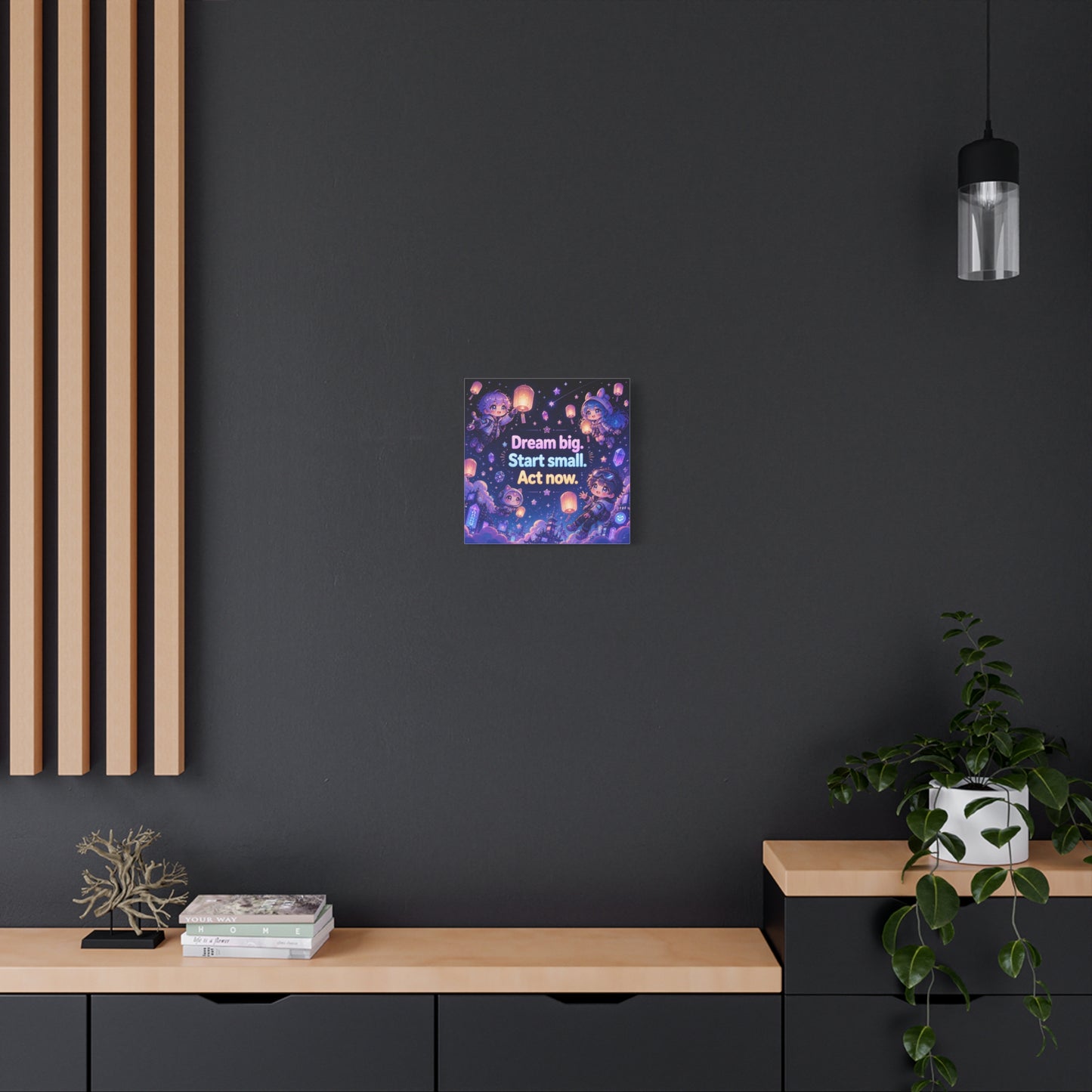 "Dream Big. Start Small. Act Now." Inspirational Canvas Wall Art - Kawaii Space Kids, Star Lantern Night Sky Quote Print - Neon Purple Blue Decor, Bedroom Home Decoration, Teen Room Accent
