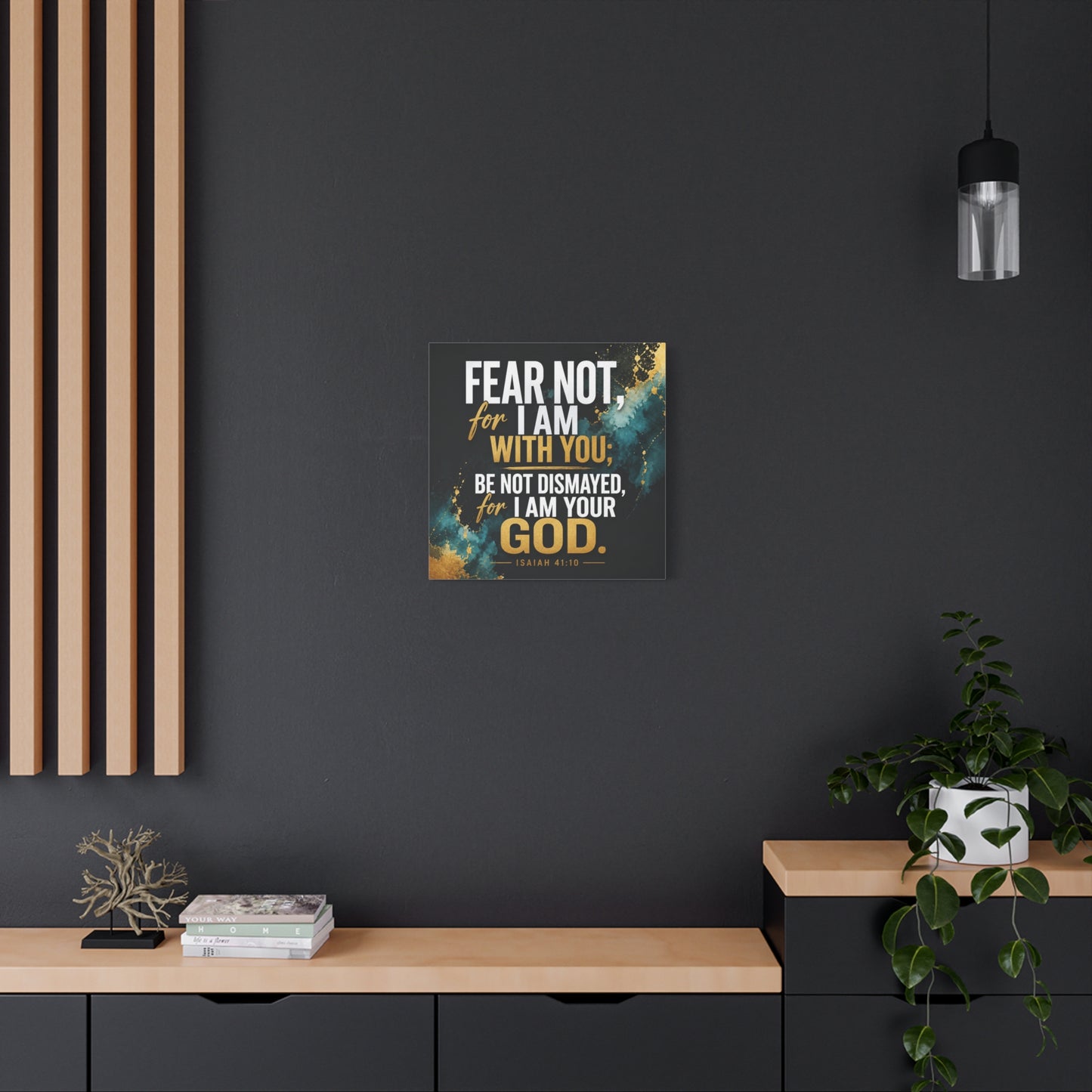 "Fear Not, For I Am With You, Be Not Dismayed, For I Am Your God. Isaiah 41:10" Christian Canvas Wall Art - Teal Gold Scripture Quote Print - Inspirational Bedroom Decor - Living Room Wall Decor