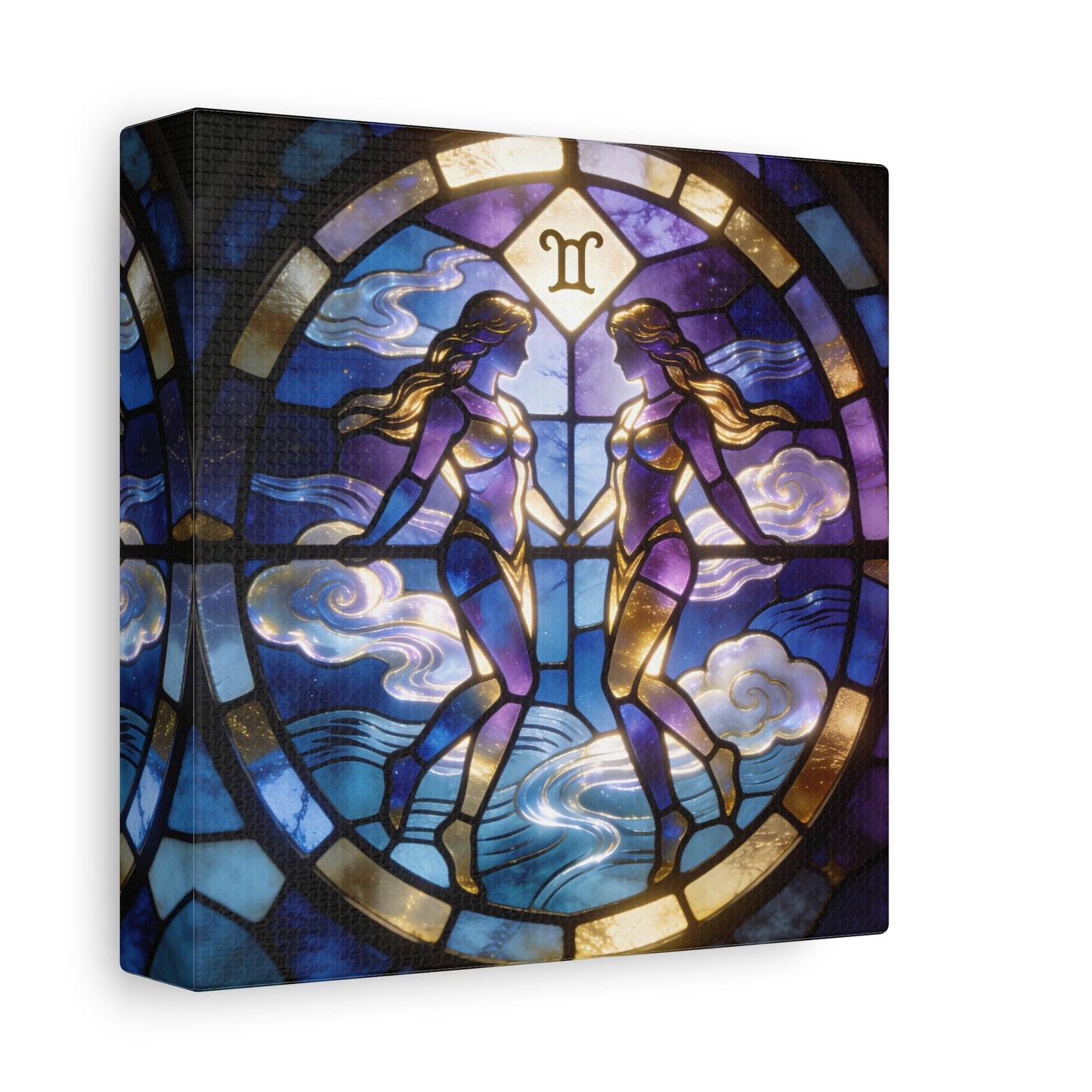Gemini Zodiac Canvas Wall Art - Stained Glass Twin Women Celestial Print, Blue Purple Gold Astrology Decor - Modern Mystical Artwork - Bedroom Home Decoration Office Wall Art - Bedroom Home Decoration