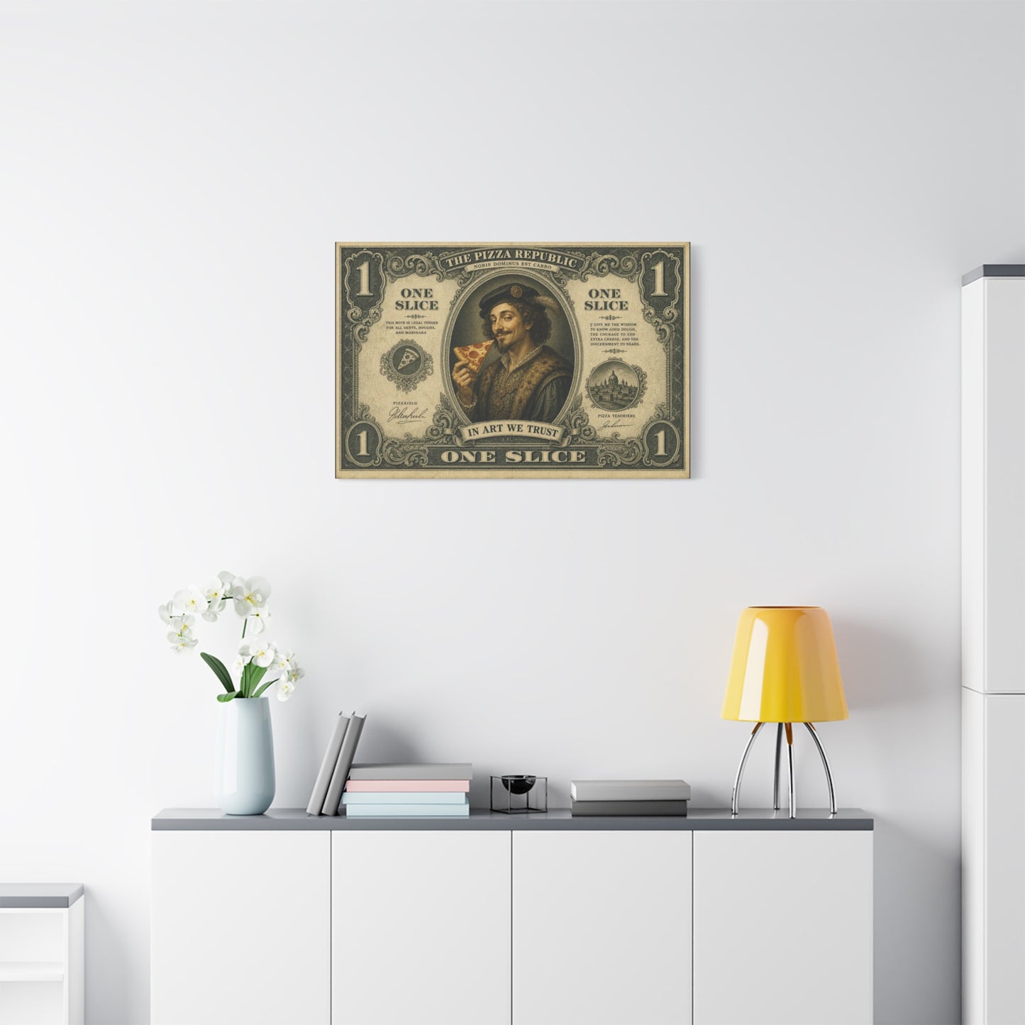 "The Pizza Republic" One Slice Vintage Canvas Wall Art - Renaissance Pizza Portrait, Typography Money Note Design - Matte Cotton Print - Kitchen Decor, Cafe Wall Decor - Bedroom Home Decoration
