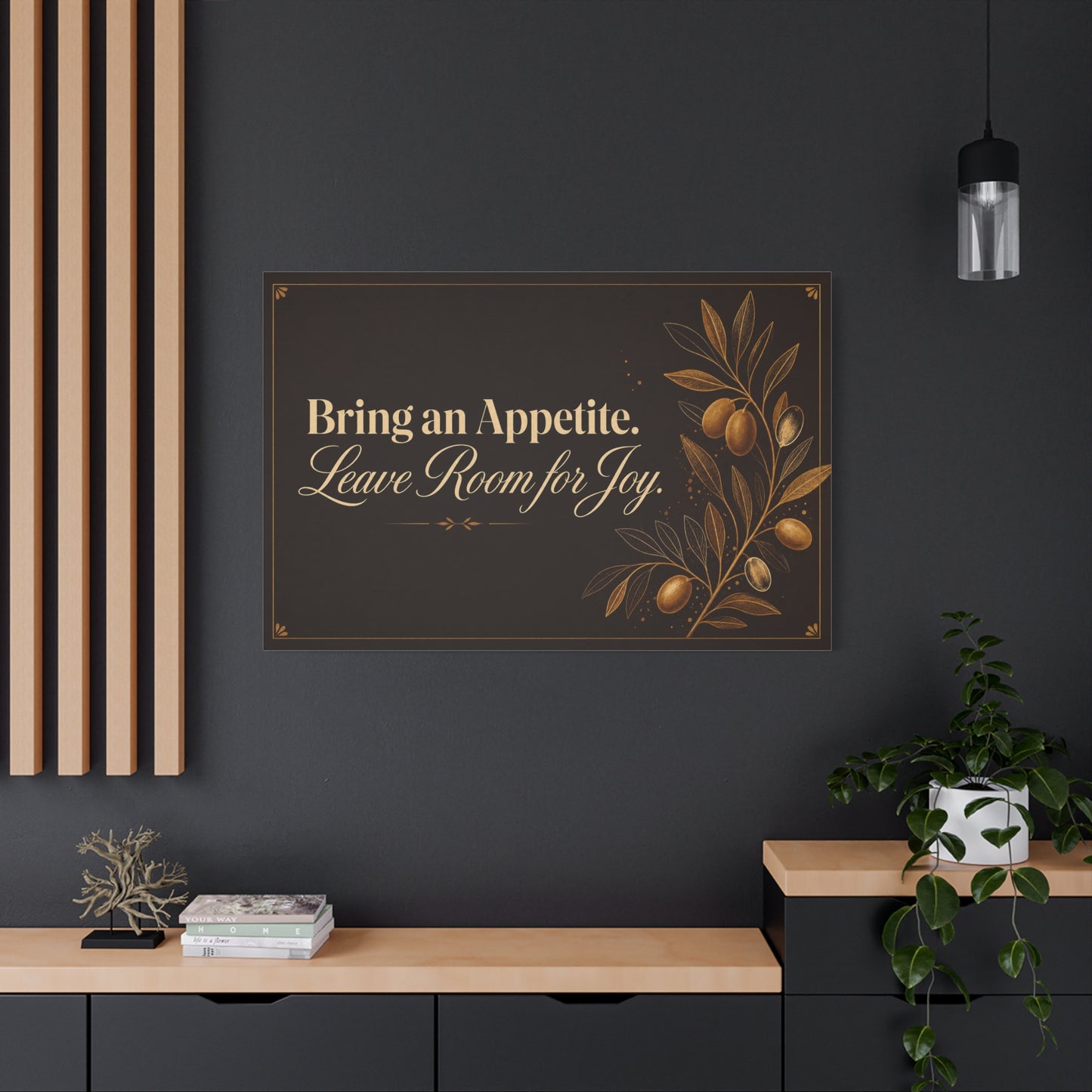 "Bring An Appetite. Leave Room For Joy." Typography Canvas Wall Art - Olive Branch Kitchen Decor - Vintage Dark Brown And Gold Quote Print - Dining Room Home Decoration - Bedroom Home Decoration