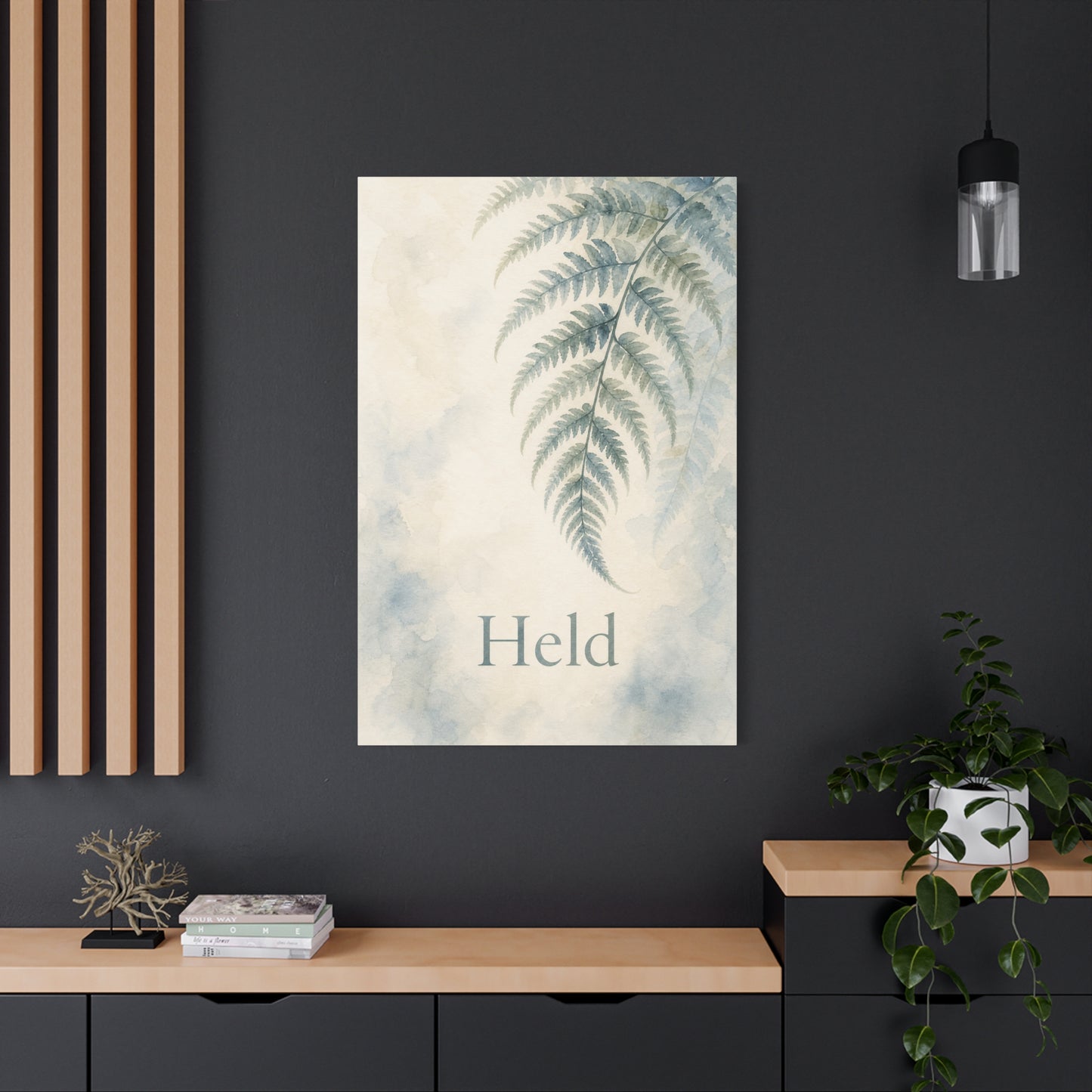 "Held" Fern Botanical Canvas Wall Art - Watercolor Leaf Print, Calming Bedroom Wall Decor, Minimalist Blue Green Nature Home Decoration, Meditation Space Accent - Ready to Hang - Cozy Reading Nook Art