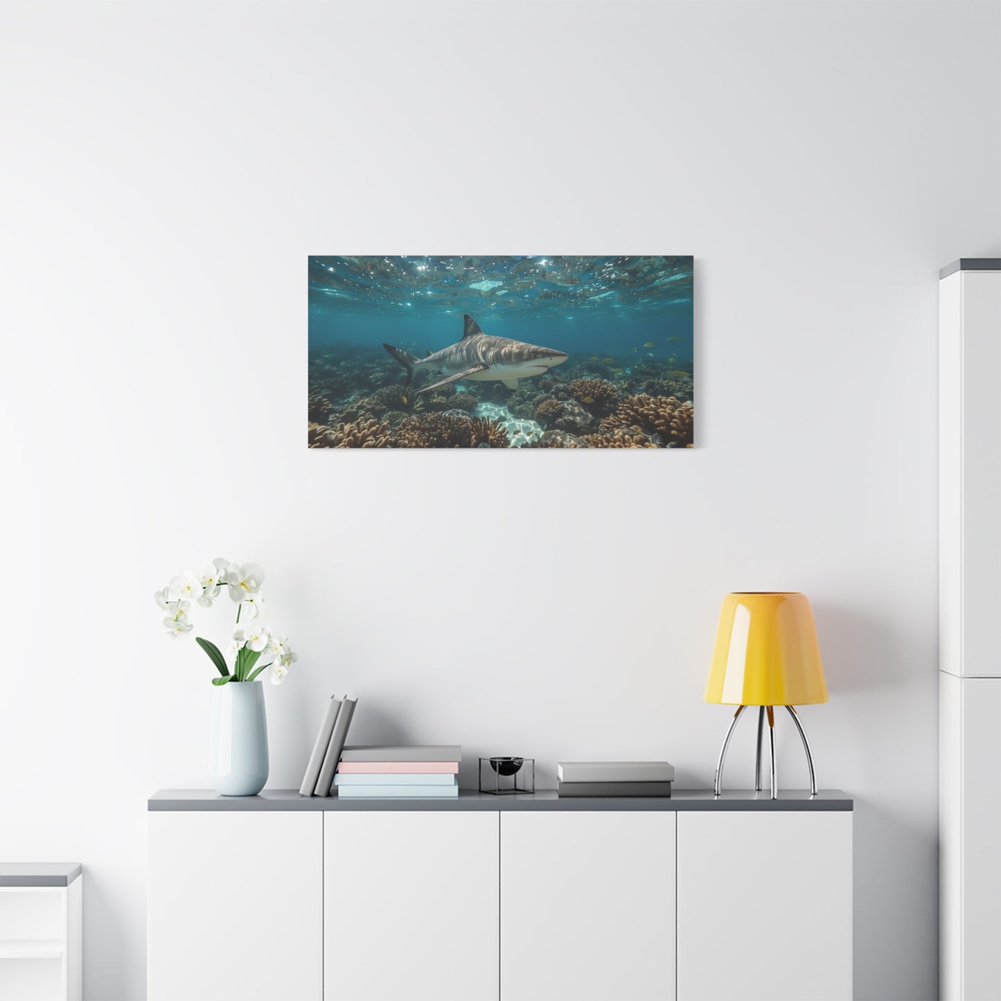 Tiger Shark Canvas Wall Art - Underwater Coral Reef Ocean Art Print, Blue Coastal Wall Decor - Matte Canvas Seascape - Living Room Home Decoration, Office Art - Bedroom Home Decoration
