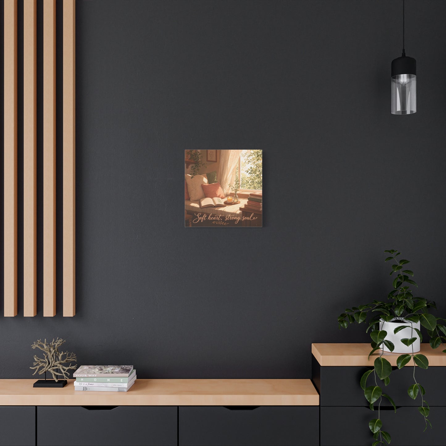 "Soft Heart, Strong Soul" Reading Nook Canvas Wall Art - Sunlit Window Seat, Books, Candle, Botanical Bedroom Decor - Cozy Cottagecore Style - Living Room Wall Decor - Bedroom Home Decoration