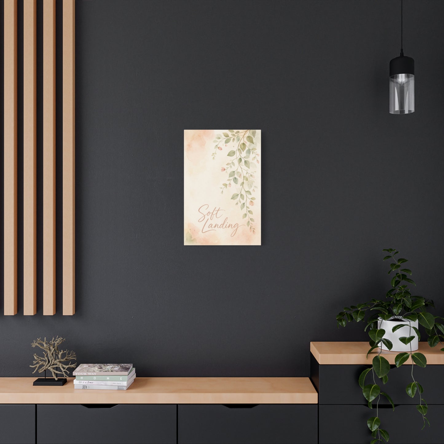 "Soft Landing" Botanical Canvas Wall Art - Watercolor Leaf Branch Quote Print - Blush Sage Floral Typography Decor - Bedroom Wall Hanging - Bedroom Home Decoration - Modern Farmhouse Style