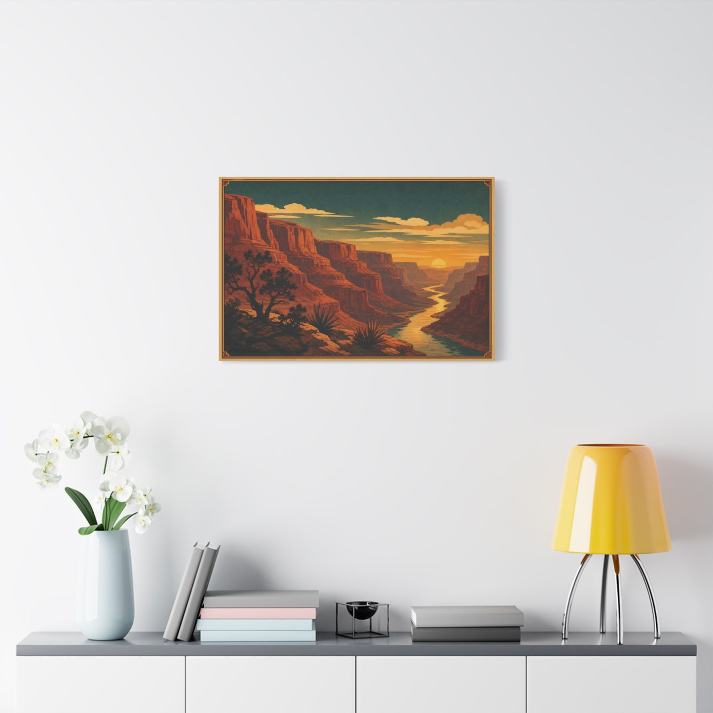 Desert Canyon Sunset Canvas Wall Art - Southwestern River Landscape Print, Vintage Travel Style - Golden Sky, Rustic Home Decor, Living Room Decoration - Ready to Hang - Living Room Wall Decor