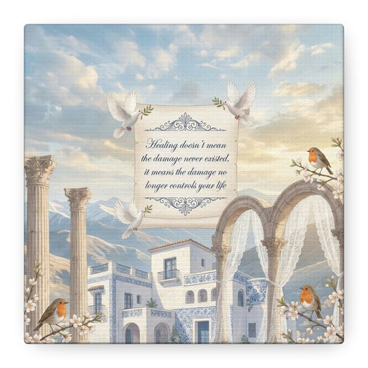 "The Damage No Longer Controls Your Life" Inspirational Canvas Wall Art - Doves, Robins, Classical Arches, Mountain Villa Quote Print - Matte Finish Canvas - Bedroom Home Decoration, Meditation Space