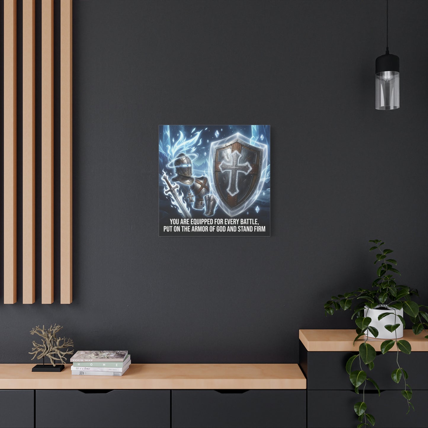 "You Are Equipped For Every Battle, Put On The Armor Of God And Stand Firm" Christian Canvas Wall Art - Knight Armor, Cross Shield, Scripture Decor - Blue Fantasy Style - Living Room - Office Wall Art