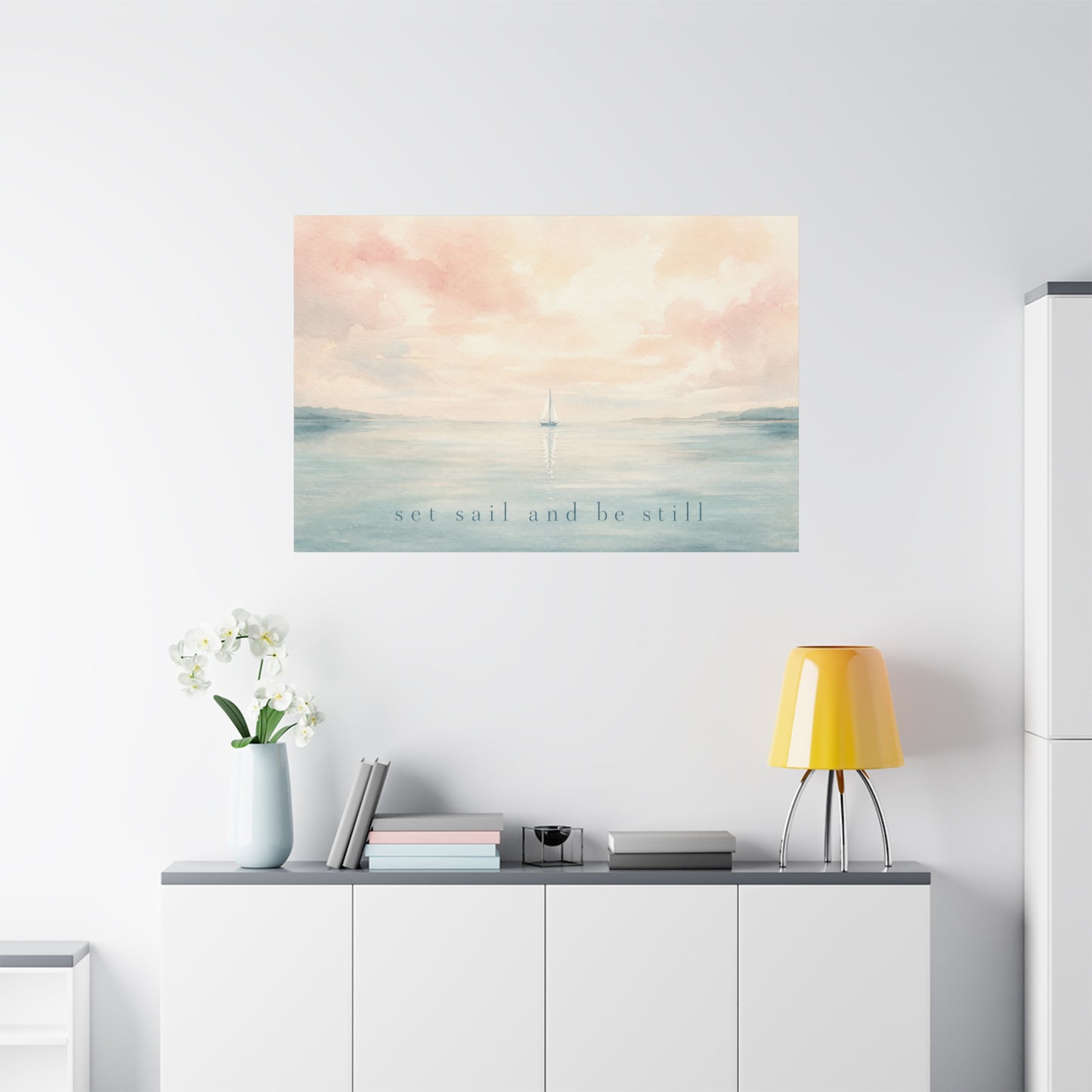 "Set Sail And Be Still" Sailboat Canvas Wall Art - Coastal Seascape Quote Print, Soft Pastel Watercolor, Serene Bedroom Decor, Living Room Wall Decor, Meditation Space Home Accent - Ready to Hang