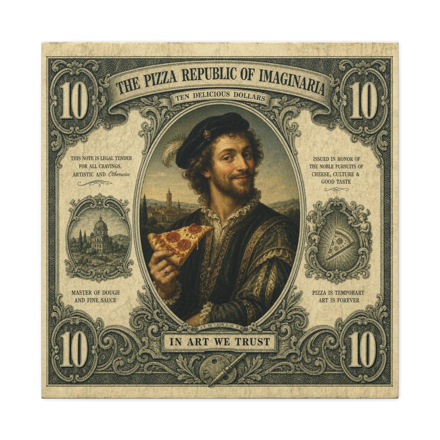 "The Pizza Republic Of Imaginaria" Canvas Wall Art - Vintage Typography Portrait Print, Renaissance Pizza Note Design, Eclectic Office Wall Decor, Cafe Wall Art, Humor Canvas - Reception Area Decor