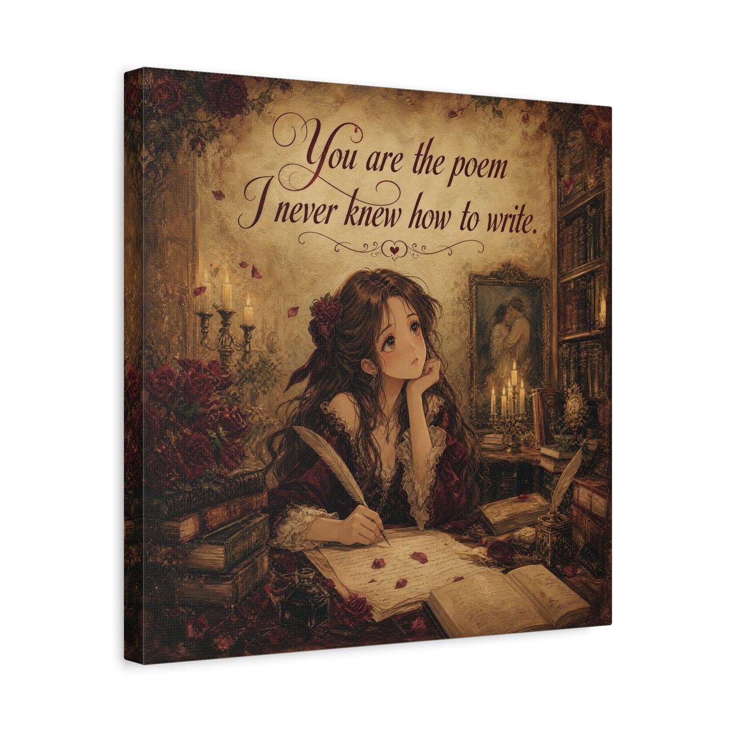 "You Are The Poem I Never Knew How To Write" Quote Canvas Wall Art - Romantic Gothic Library Girl Illustration - Vintage Brown Decor - Bedroom Wall Hanging, Teenager Room Decor - Ready to Hang