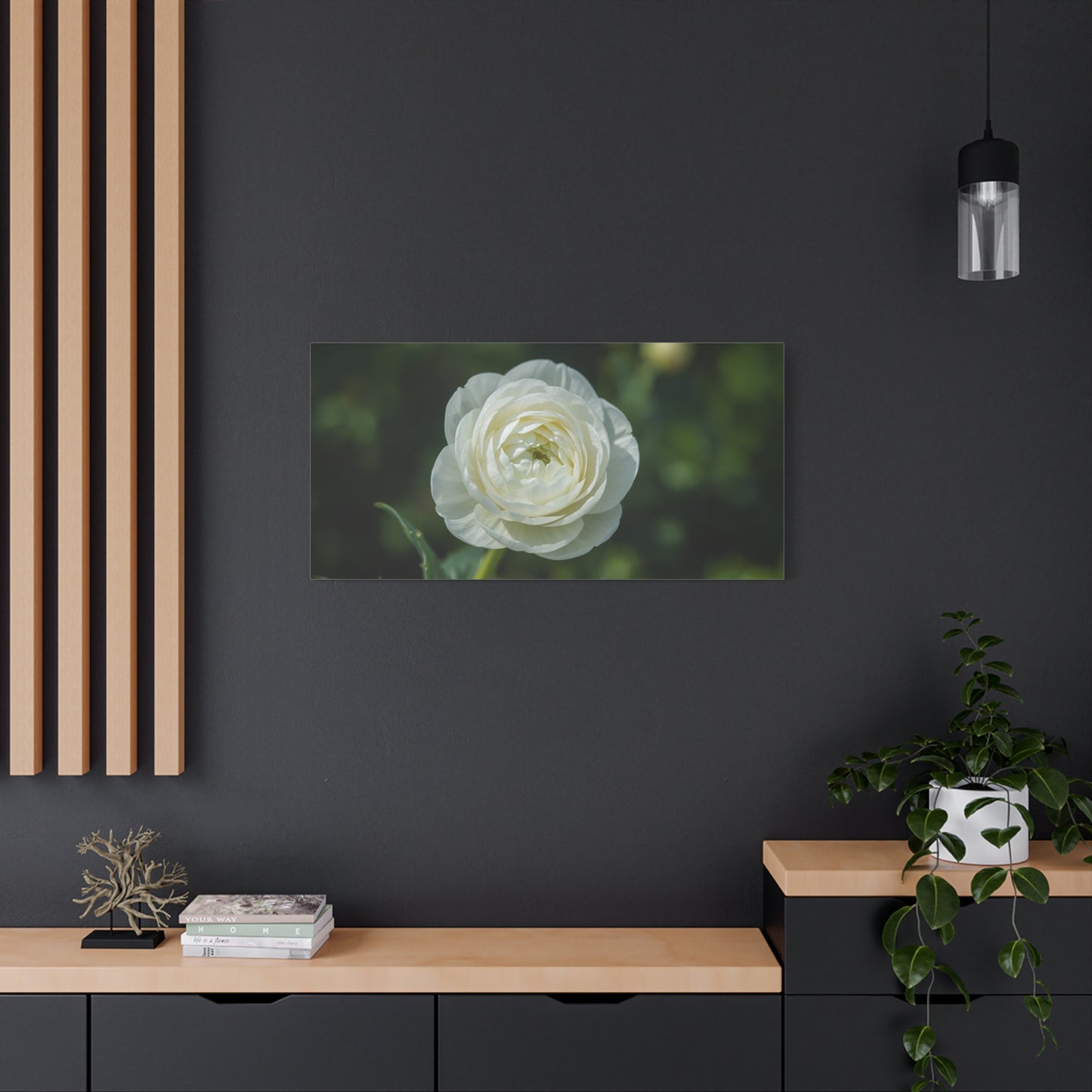 White Ranunculus Flower Canvas Wall Art - Botanical Floral Art Print - Soft Green Background, Matte Cotton Decor - Bedroom Wall Hanging, Bathroom Accent, Spa Style - Bedroom Home Decoration