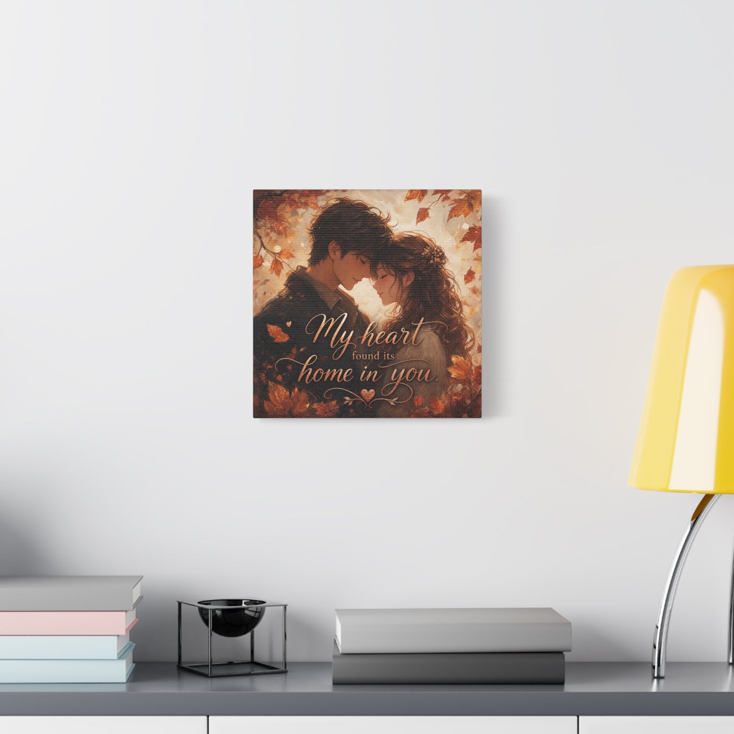 "My Heart Found Its Home In You" Romantic Couple Canvas Wall Art - Autumn Leaves Love Quote Print, Warm Rustic Traditional Style - Bedroom Wall Decor - Ready to Hang - Bedroom Home Decoration