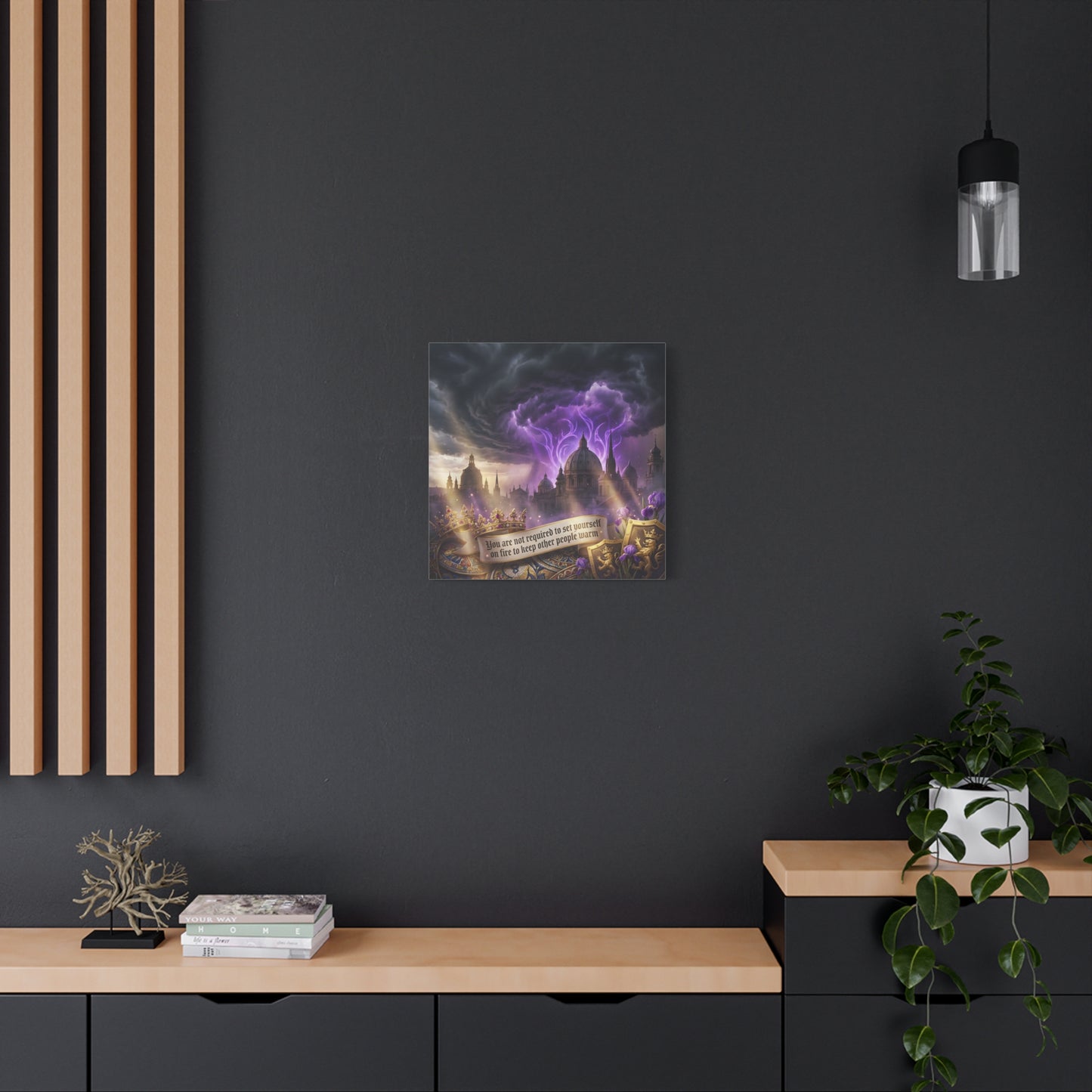 "You Are Not Required To Set Yourself On Fire" Canvas Wall Art - Gothic Castle Quote Decor, Purple Storm Sky, Crown And Iris Fantasy Print - Bedroom Home Decoration, Living Room Accent - Ready to Hang